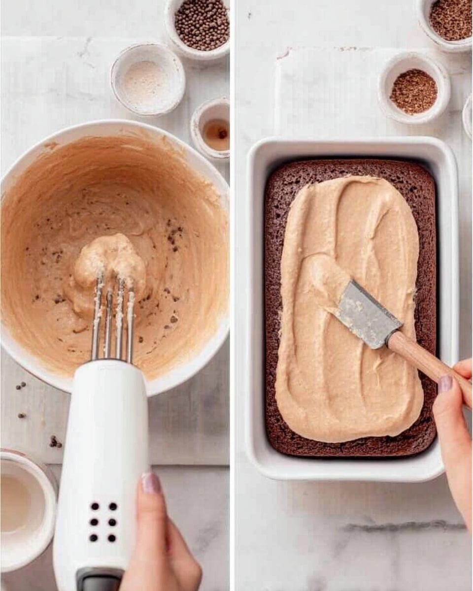 The image shows two parts: on the left, a white bowl filled with light brown creamy mixture being mixed by a white electric hand mixer held by a woman's hand, placed on a white marbled surface with small bowls containing ingredients nearby; on the right, there is a rectangular chocolate cake in a white pan, with holes poked on top, and a woman's hand spreading the same light brown creamy mixture over the cake with a wooden-handled spatula. Photo taken with an iphone --ar 4:5 --v 7