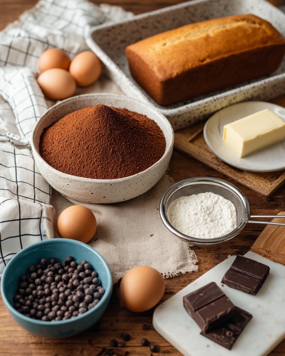 A white bowl filled with a mound of fine brown powder topped with chocolate balls around its edge sits on a wooden surface next to three brown eggs and a rectangle block of butter on beige cloth. Nearby, a rectangular loaf with a golden brown top rests inside a speckled pan. On a small wooden board with a white marbled texture underneath is a blue bowl filled with chocolate balls, another blue bowl filled with white powder, and several small dark chocolate squares. A metal sieve and a white bowl filled with off-white powder are also visible. A white cloth with a black grid pattern is partially visible on the left side of the image. photo taken with an iphone --ar 4:5 --v 7