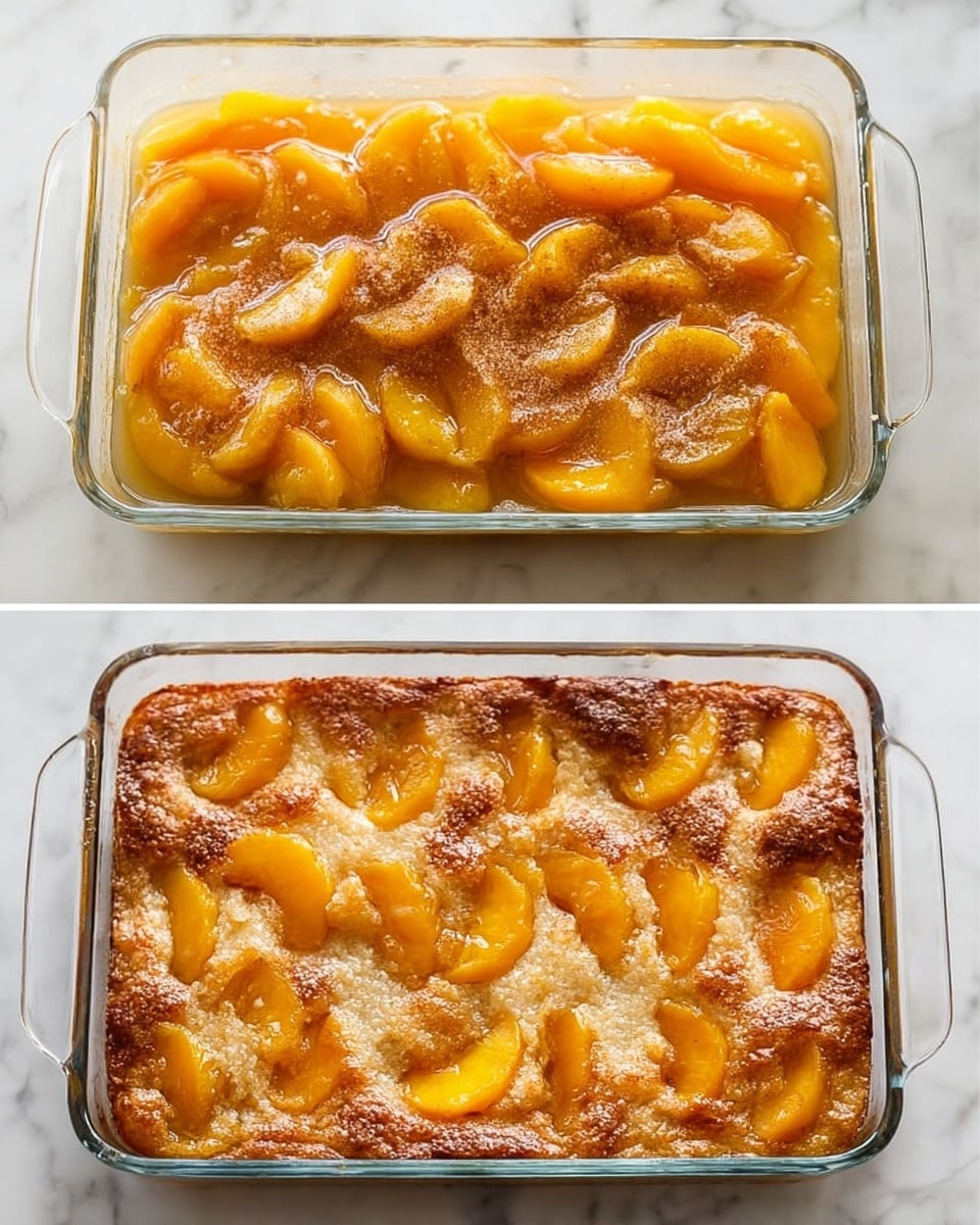 The left image shows a clear glass baking dish filled with sliced orange-yellow peaches layered evenly and covered in a shiny syrup with a sprinkling of cinnamon on top, all sitting on a white marbled surface. The right image shows the same dish after baking, where the top layer is golden brown with a slightly bubbly and textured crust, and some peach slices peeking through the crust while maintaining the same shape of the baking dish, also on a white marbled surface. Photo taken with an iphone --ar 4:5 --v 7