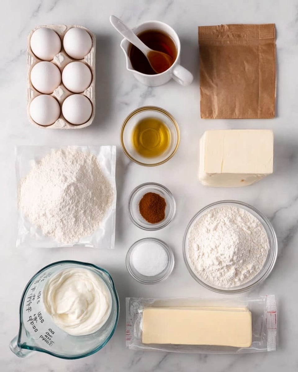 The image shows a white marbled surface with baking ingredients neatly laid out in separate containers. There are six white eggs in a carton on the top left, next to a small white cup holding a brown liquid with a white spoon. To the right, there is a brown paper packet and a block of cream cheese in foil. Below these, a glass bowl with clear oil, a small container of brown spice, and a large glass bowl filled with white powdered sugar are placed. On the left side near the bottom, there is a large measuring cup filled with water, a small glass bowl with thick white cream, and a stick of butter with marked measurements. In the middle, there is a sealed white bag of flour. All items are arranged in an organized way on the white marbled surface photo taken with an iphone --ar 4:5 --v 7