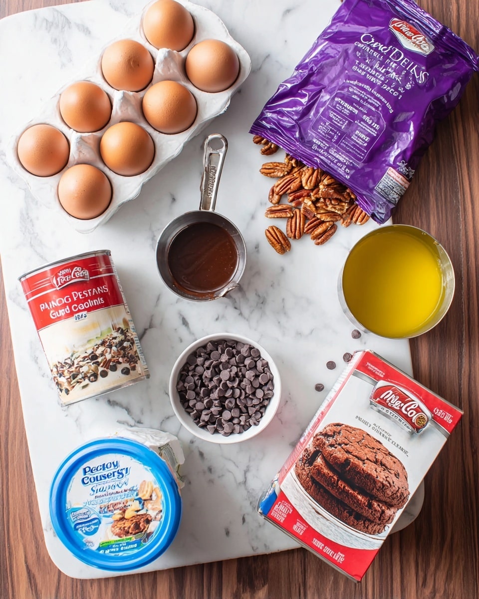 The image shows several baking ingredients arranged on a white marbled surface. There are three brown eggs placed in a white egg holder at the top left. Next to them, a purple bag of chopped pecans is partially open with some nuts spilled out. Below the eggs, there is a red and white can of sweetened condensed milk. To its right, a metallic measuring cup filled with a yellow liquid, likely melted butter or oil, sits near a small white bowl. A jar of dark brown hot fudge topping is positioned next to the bowl. Below the condensed milk, there is a container of Pillsbury creamy supreme coconut pecan frosting with a blue lid. Beside it, a small white dish filled with mini chocolate chips is visible. At the bottom right corner, a box of Great Value deluxe moist Devil's food chocolate cake mix with a picture of a three-layer chocolate cake is placed. The photo was taken with an iphone --ar 4:5 --v 7