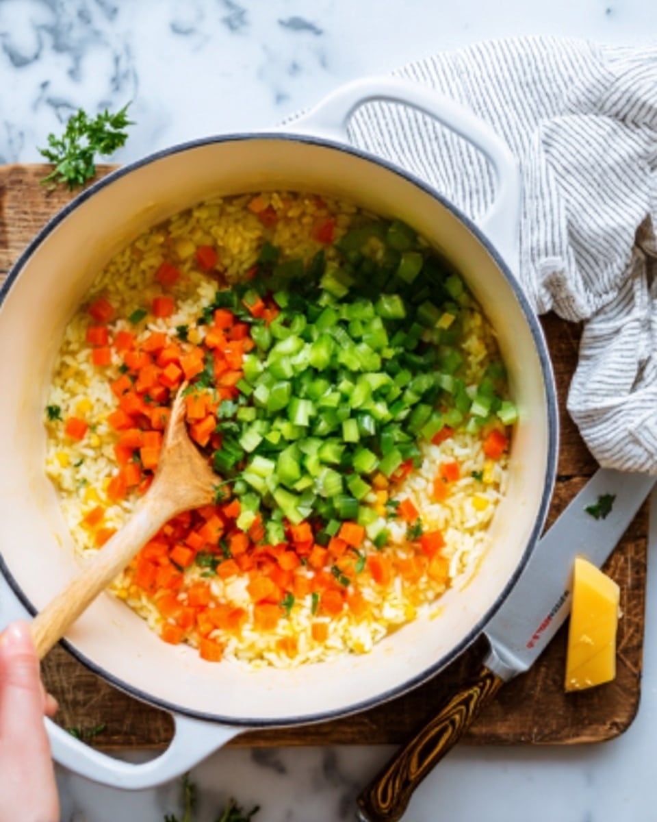 The image shows a white pot on a white marbled surface filled with small pieces of cooked yellow rice and finely chopped orange carrot rounds scattered throughout. On top of the rice, there are fresh chopped green celery pieces heaped mostly in the center. A wooden spoon is placed inside the pot, touching the vegetables and rice. To the side of the pot, a woman's hand is holding the spoon gently while the pot handle is visible. Nearby, there is a white and gray striped cloth and a sharp knife with a yellow and black handle resting on the white marbled surface. Photo taken with an iphone --ar 4:5 --v 7