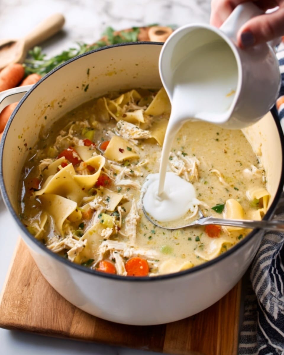 A white pot filled with a thick soup containing wide, flat pasta pieces, shredded chicken, small orange carrot slices, and green herbs in a light creamy broth. A woman's hand is pouring a smooth white cream from a small white pitcher into the soup, creating a swirling pattern on the surface. A silver ladle is partially submerged on the right side of the pot. The pot sits on a wooden cutting board, and the background is a white marbled surface with a striped cloth towel on the right edge. Photo taken with an iphone --ar 4:5 --v 7