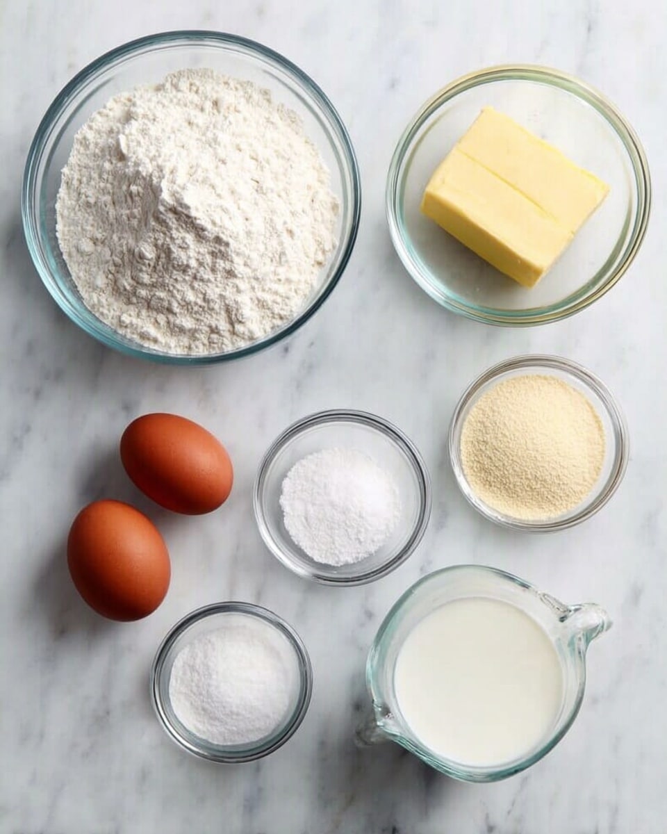 Seven small clear glass bowls and one small clear glass measuring cup are arranged on a white marbled surface. The largest bowl on the top left is filled with white flour, textured with a small mound on top. Below it and to the right, a bowl with a smooth yellow stick of butter. Two brown eggs lie side by side near the bottom left. At the top right, three smaller bowls contain fine powdery ingredients: pale beige yeast, white granulated sugar, and white salt. The measuring cup at the bottom right holds a white liquid, likely milk. The setup is bright and clean, showing each ingredient clearly. Photo taken with an iphone --ar 4:5 --v 7