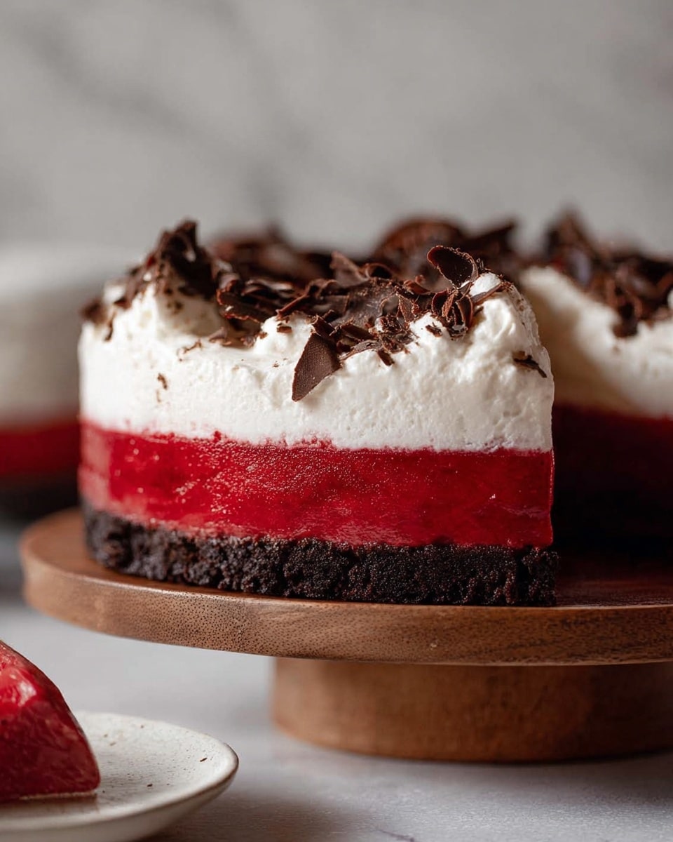 The image shows a dessert with three clear layers on a wooden stand against a blurred background. The bottom layer is dark brown, crumbly, and flat, resembling a cookie crust. The middle layer is thick, smooth, and bright red with a glossy finish, evenly spread over the crust. The top layer is a fluffy white cream, swirled on, with rough peaks and uneven edges. Dark brown chocolate shavings are scattered over the cream, adding texture and contrast. There is a small part of a white plate with a red piece of the dessert in the lower left corner. The surface below is a white marbled texture. Photo taken with an iphone --ar 4:5 --v 7