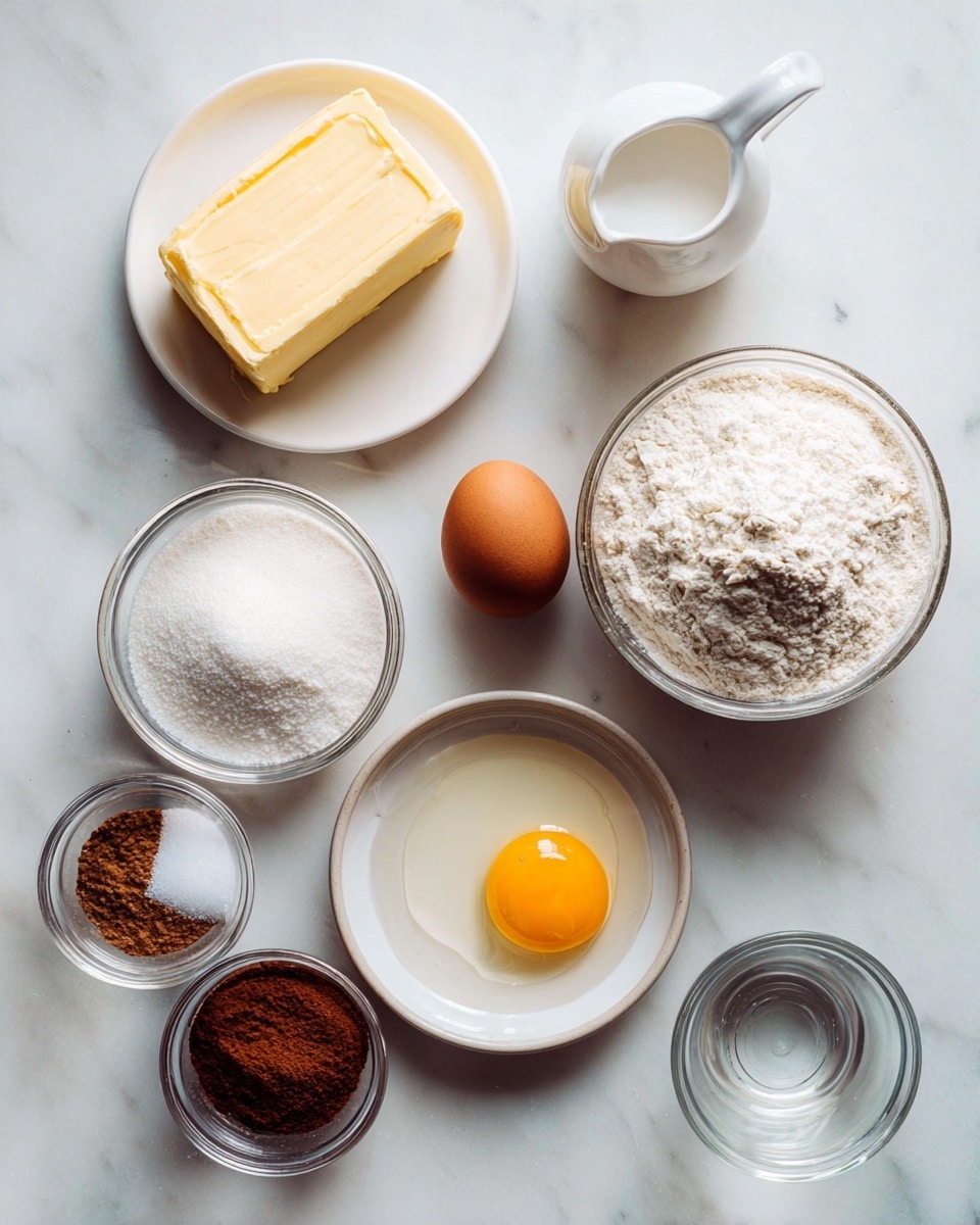 The image shows nine ingredients laid out on a white marbled surface. At the top left, there is a white plate holding a block of yellow butter. To the right, a glass jar filled with white sugar sits next to a small white creamer pitcher. Below the sugar jar is a brown whole egg, and beneath it is a clear glass bowl filled with white flour. In the center of the image, a white plate holds a raw egg yolk with the egg white around it. At the bottom left, a small white bowl contains salt, and next to it is a glass jar filled with brown powder, likely cinnamon. At the very bottom, there is a clear glass cup. All the dishes and containers are simple and clean, arranged neatly across the surface. Photo taken with an iphone --ar 4:5 --v 7