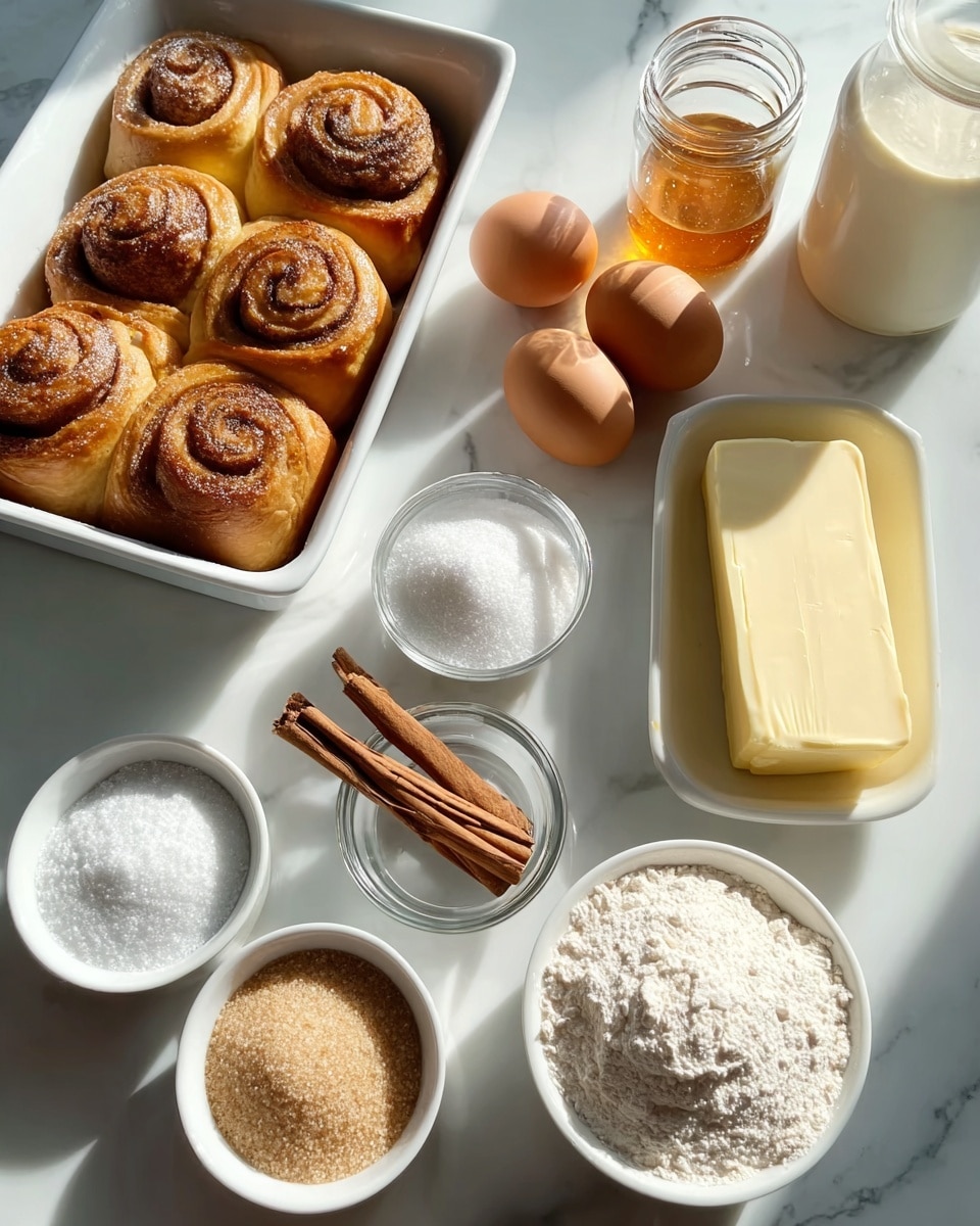 The image shows a white marbled surface with several baking ingredients arranged neatly. There is a white rectangular dish holding three golden-brown cinnamon rolls with a spiral pattern on top, placed in the top left corner. Next to it are three brown eggs lined up on the surface. A small clear glass holds three cinnamon sticks. Four white round bowls hold different ingredients: two bowls contain white flour and a white powdery substance, one bowl holds light brown sugar, and another has granulated white salt. A rectangular white dish contains a smooth, pale yellow stick of butter. In the top background, there are white containers and a glass jar with amber-colored honey. The sunlight casts soft shadows to the right side, enhancing the textures. photo taken with an iphone --ar 4:5 --v 7