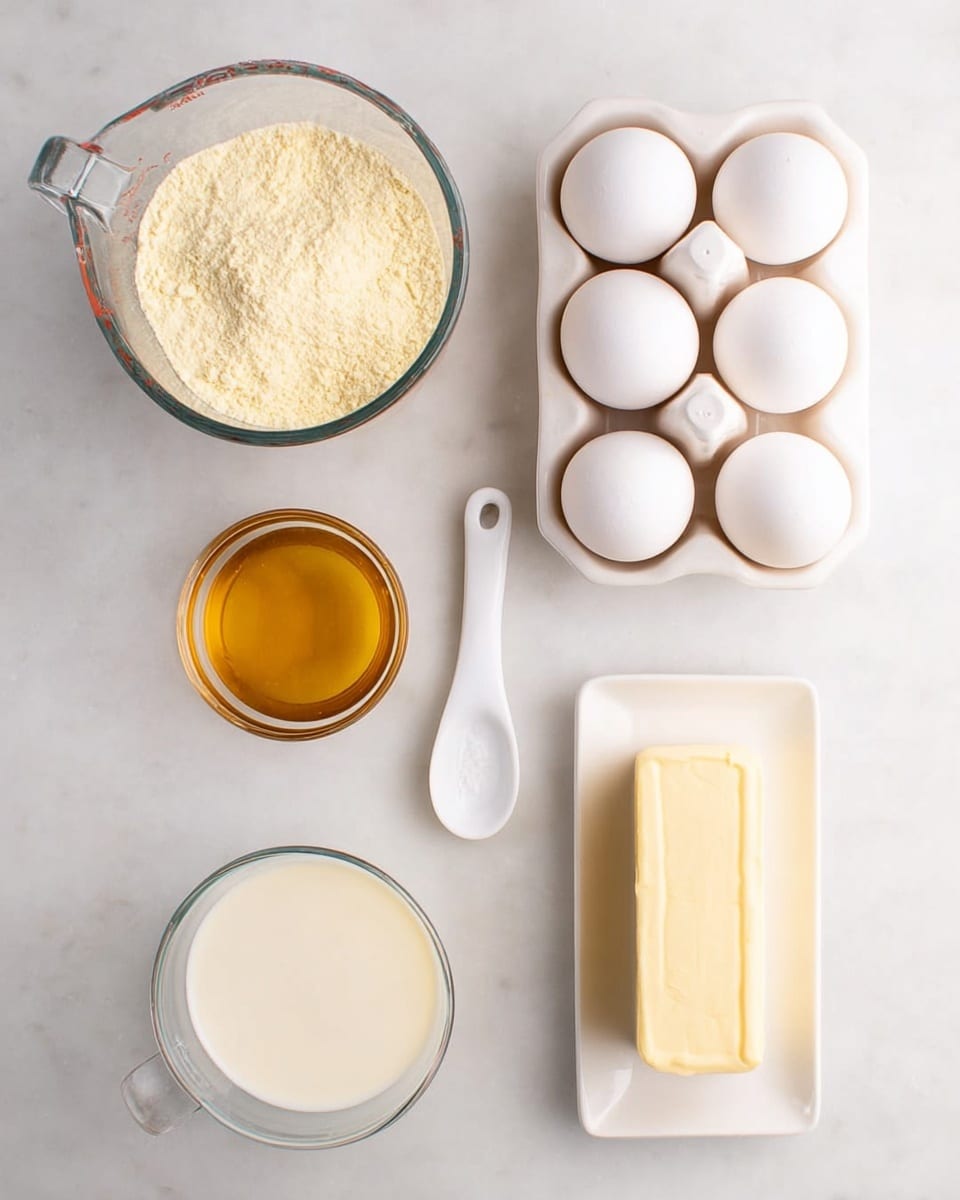 The image shows six ingredients placed on a white marbled surface. At the top left is a clear glass measuring cup filled with a pale yellow powdery ingredient. To its right is a white egg holder with four whole white eggs. Below the powder, centered, is a white measuring spoon filled with a golden liquid. At the bottom left is another clear glass measuring cup filled with a creamy white liquid. Finally, at the bottom right is a white rectangular dish holding a rectangular stick of light yellow butter. photo taken with an iphone --ar 4:5 --v 7