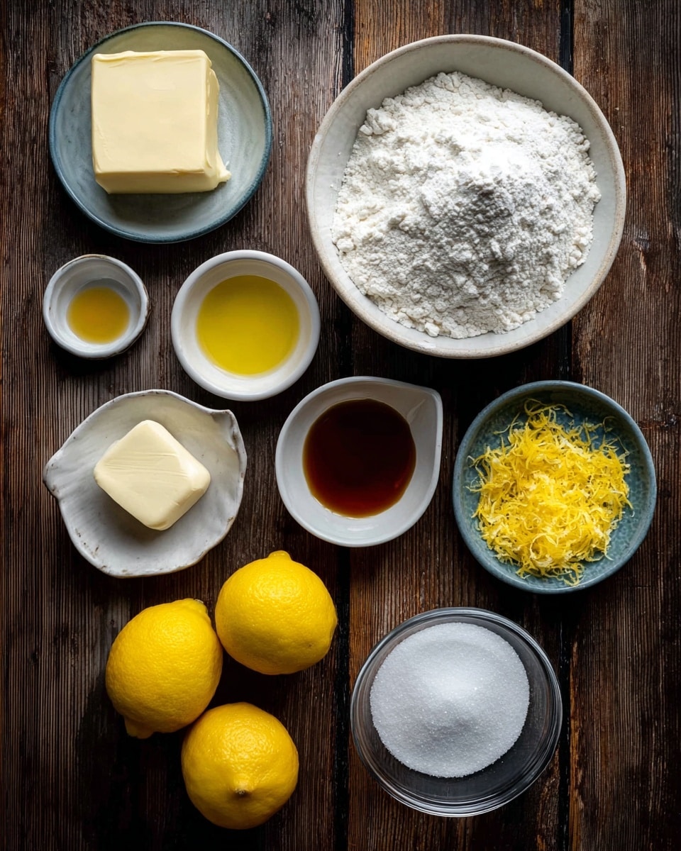 The image shows several ingredients placed neatly on a dark wooden surface, which should be changed to a white marbled texture. There is a large white bowl filled with white flour in the center top, with a smooth, powdery texture. Around it, there are smaller white bowls and dishes holding a square of pale yellow butter, golden yellow oil, melted yellow butter, white creamy cheese, and a dark amber liquid, all evenly spread. Next to these are three bright yellow whole lemons and a small white bowl filled with finely grated yellow lemon zest. A small clear glass bowl contains white granulated sugar with a fine texture. The arrangement is balanced and organized. photo taken with an iphone --ar 4:5 --v 7