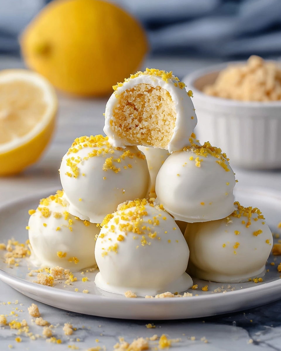 A stack of six round lemon cake balls covered in smooth white coating sits on a white plate. The top cake ball is bitten to show a light yellow crumb inside. All the cake balls are sprinkled with small bright yellow and beige crumb pieces. The plate is on a white marbled surface with a blurred whole lemon, lemon half, and a small white bowl with crumbs in the background. Photo taken with an iphone --ar 4:5 --v 7