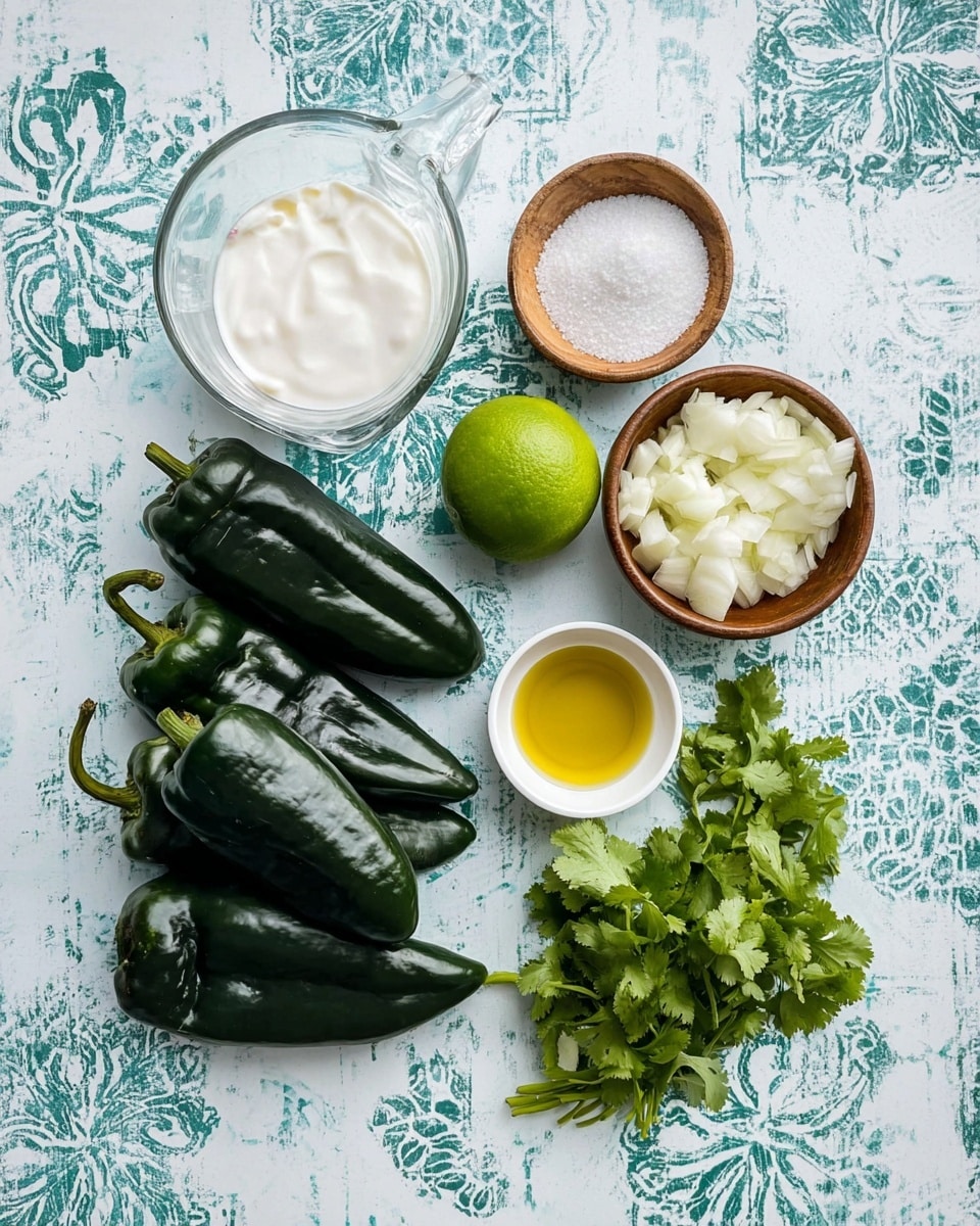 The image shows ingredients neatly placed on a white marbled surface with a blue patterned design. There are three large dark green poblano peppers stacked at the bottom left side. Above them, there is a bright green whole lime right in the center. To the top left, there is a clear glass measuring cup filled with white cream. Next to it, a small wooden bowl holds coarse salt. On the top right side, another small wooden bowl holds roughly chopped white onion pieces. Below, two small white bowls contain golden olive oil and finely minced garlic, respectively. Finally, a small bunch of fresh green cilantro leaves is placed at the bottom right corner. Photo taken with an iphone --ar 4:5 --v 7