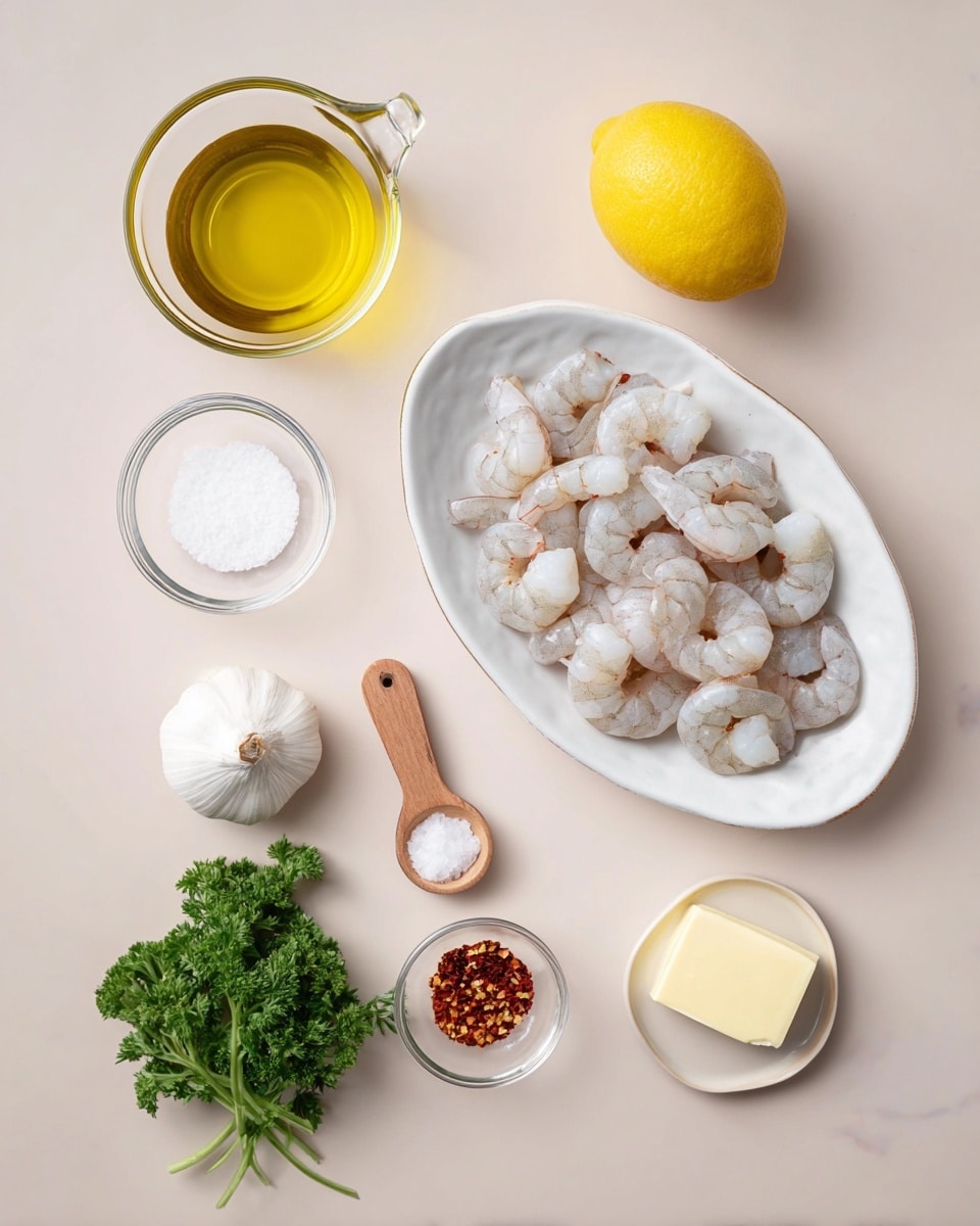 A flat top-down view of raw shrimp in a transparent bowl on the bottom right, next to an oval white plate with a small block of pale yellow butter on the right center. Above the shrimp is a full yellow lemon, and to the left of the lemon is a small clear glass bowl with white salt. Below that is a small clear glass bowl with red chili flakes. To the bottom left of the chili flakes is a whole white garlic bulb, next to a small wooden spoon holding a pinch of white salt. Above the garlic is a bunch of green parsley with curly leaves. On the top left is a small white measuring cup filled with golden olive oil. All items rest on a smooth white marbled surface. photo taken with an iphone --ar 4:5 --v 7