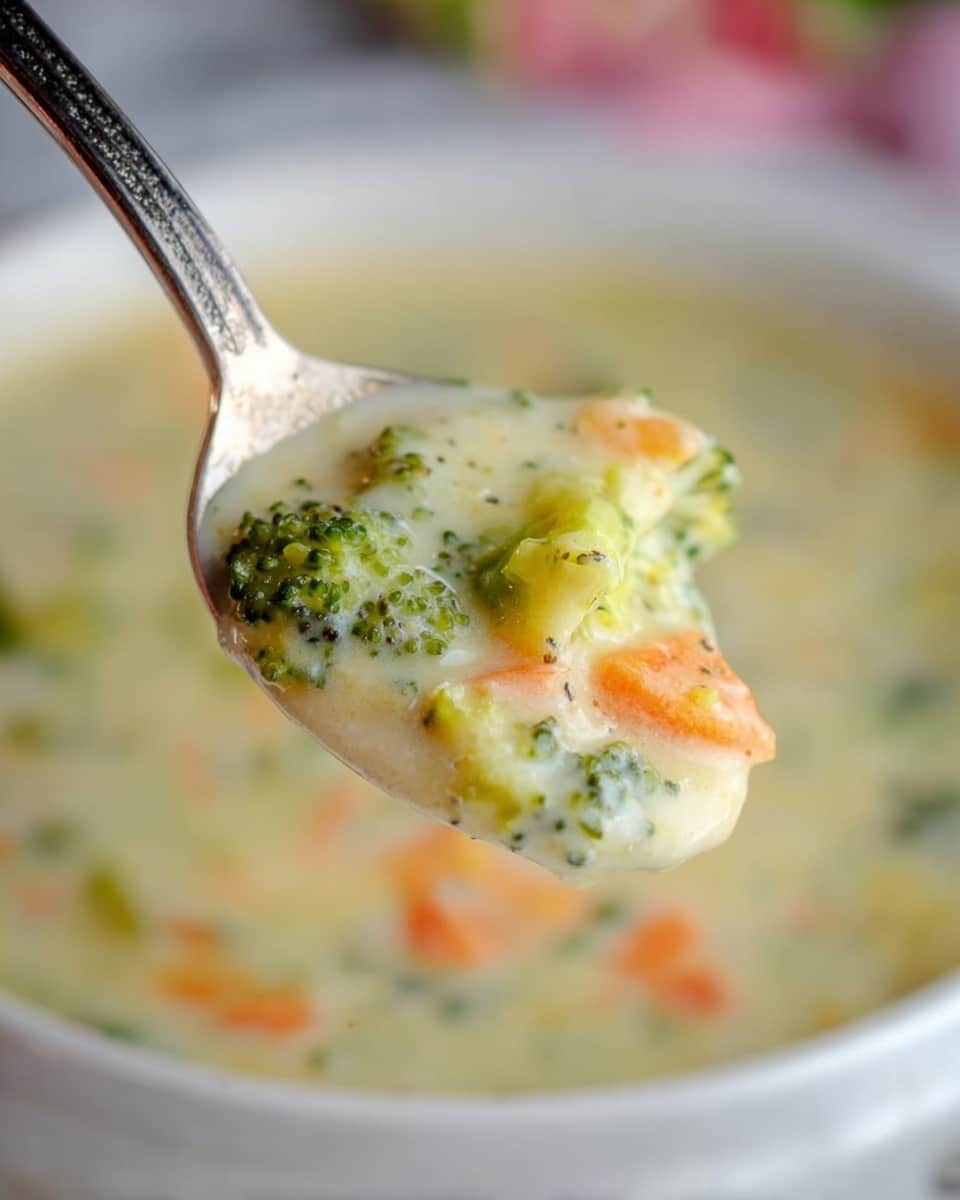 A close-up of a metal spoon holding thick creamy soup with visible pieces of green broccoli florets and small orange carrot chunks in the creamy white broth with hints of herbs. The background shows a white bowl filled with more of the creamy soup set on a white marbled surface with soft blurred colors in the background. photo taken with an iphone --ar 4:5 --v 7
