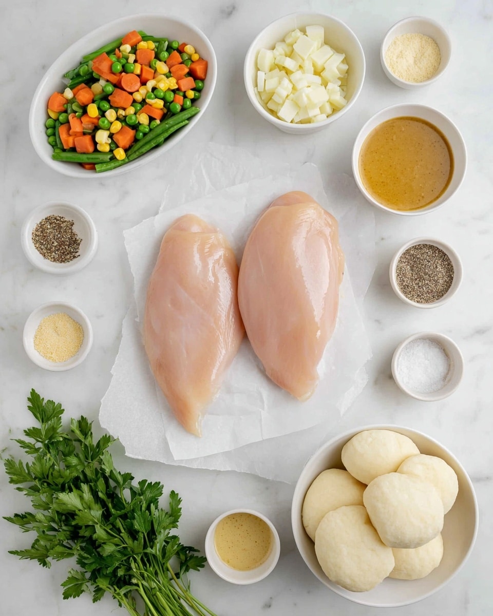 Two raw, pale pink chicken breasts placed on a piece of white parchment paper in the center on a white marbled surface. Around the chicken, there are several white bowls: one with mixed frozen vegetables (green beans, peas, carrots, and corn) on the top left, one with light yellow mustard sauce on the top right, one with chopped white onions on the middle left, one with light brown broth on the middle right, one with white salt on the lower right, one with black pepper next to the salt, one with light beige granulated seasoning on the bottom left, and one with pale yellow granulated seasoning above it. There are also three white biscuit dough rounds stacked on the lower right side next to the bowls, a white bowl with chopped pale yellow apples on the lower center, and bunches of green parsley placed to the left and right sides on the marble surface. Photo taken with an iphone --ar 4:5 --v 7