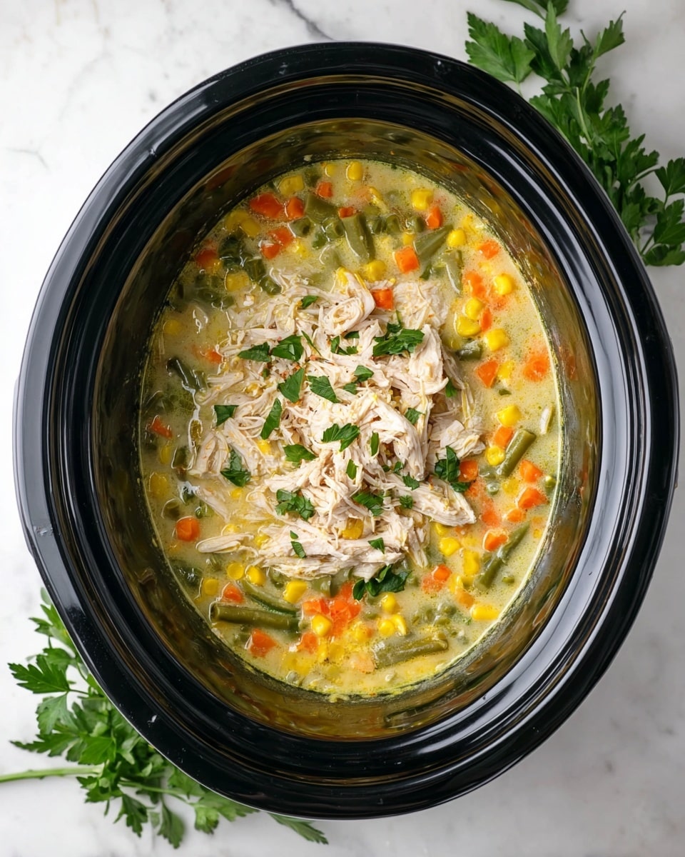 A black slow cooker filled with a creamy soup showing distinct layers: the bottom layer is a mixture of colorful diced carrots, green beans, corn, and peas in a light yellow broth, while the top layer features shredded pale beige chicken spread evenly in the center. The slow cooker is placed on a white marbled texture with fresh green parsley on the sides. Photo taken with an iphone --ar 4:5 --v 7