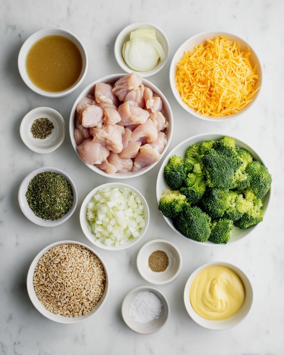 The image shows nine white bowls and containers arranged on a white marbled surface, each with different ingredients. One large bowl at the center holds raw chicken pieces in pale pink. To the right, another large bowl is full of fresh broccoli florets in bright green. Above the chicken, a smaller bowl contains shredded cheddar cheese in a rich yellow-orange color. On the upper left, a container holds light brown chicken broth. Below the cheese, a small bowl has mixed herbs with green and brown tones. At the lower left, a bowl filled with uncooked long-grain brown rice shows a range of beige colors. Next to the rice, a bowl has chopped white onions with some translucent parts. Near the onion, three tiny bowls are lined up containing ground black pepper in dark gray, garlic powder in light yellow, and salt in white. Lastly, a small bowl at the bottom is filled with smooth mustard yellow mayonnaise. The photo taken with an iphone --ar 4:5 --v 7