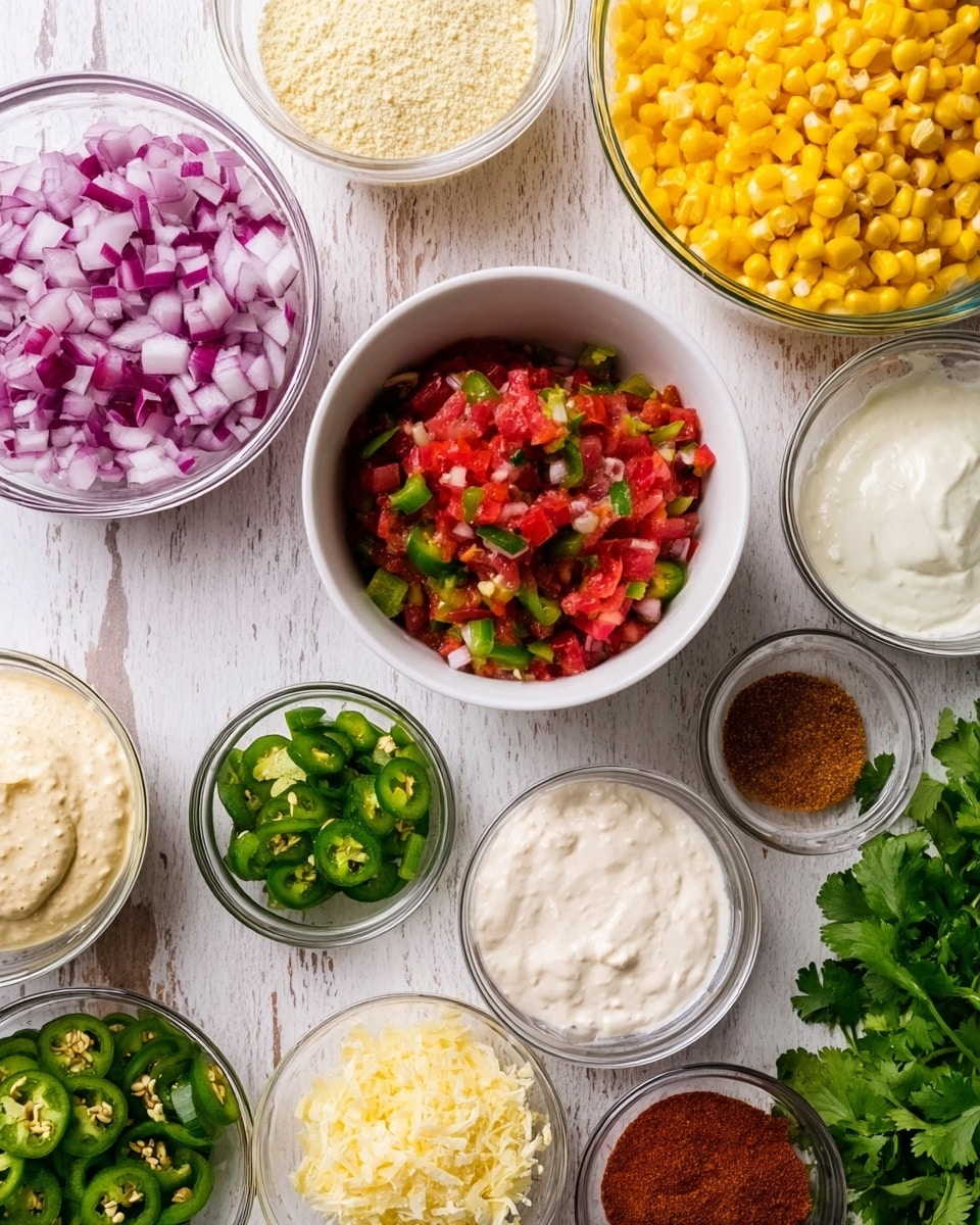 The image shows an overhead view of several small white bowls and clear glass containers filled with various colorful ingredients placed on a white marbled surface. There are chopped red onions in one white bowl, bright yellow corn kernels in another, and chopped green jalapeños in a third. In the center, a white bowl holds diced red tomatoes with green bits. Surrounding these are smaller glass containers with creamy white sauces, brown and red ground spices, and a bowl filled with pale beige panko crumbs. Fresh green cilantro leaves sit at the bottom right edge of the image. The arrangement is neat and organized, with a focus on the vibrant colors and textures of the ingredients. photo taken with an iphone --ar 4:5 --v 7