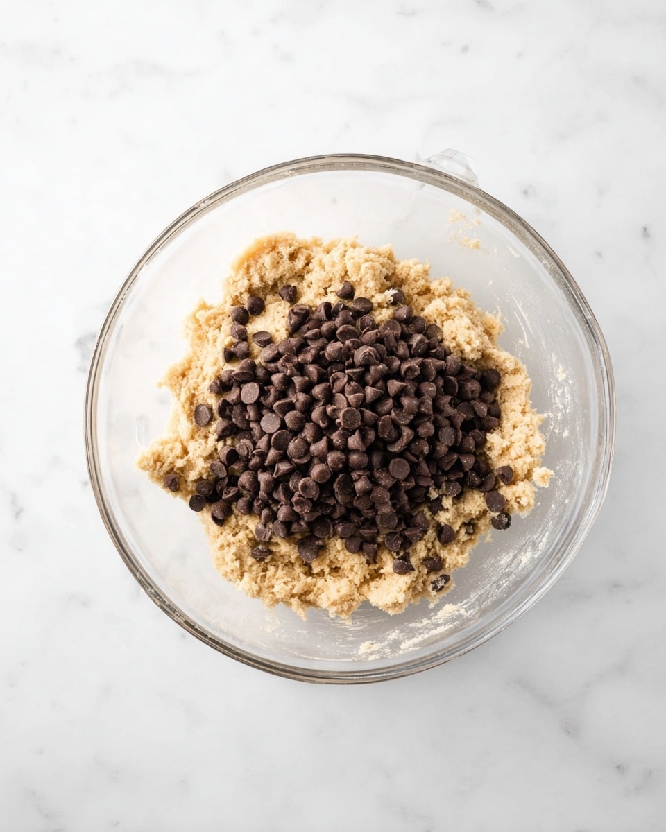 A clear glass bowl sits on a white marbled surface, filled about halfway with light beige, crumbly cookie dough that has a slightly rough texture. On top of the dough is a generous pile of small, dark brown chocolate chips, creating a layer that covers some of the dough beneath. The bowl is round with a small spout, and the mixture looks ready to be mixed together. photo taken with an iphone --ar 4:5 --v 7
