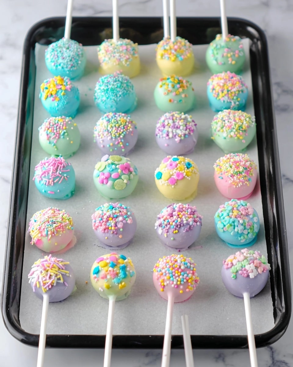 The image shows a black tray lined with white parchment paper holding 24 round cake pops arranged in rows. Each cake pop is on a white stick and coated with smooth pastel icing colors including light blue, pale yellow, soft pink, mint green, lavender, and white. On top of each, there are various colorful sprinkles in shapes like dots, stars, flowers, and small balls, adding texture and bright contrast to each pastel surface. The background is a white marbled texture. photo taken with an iphone --ar 4:5 --v 7
