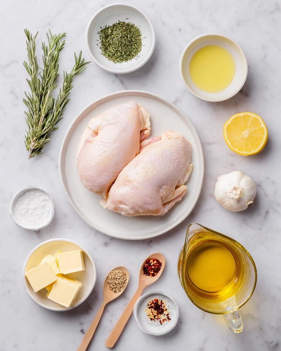 The image shows raw pale pink chicken on a white round plate in the center on a white marbled surface, surrounded by small white bowls and wooden spoons filled with ingredients. At the top left, there is a green rosemary sprig, and next to it, a white bowl with chopped herbs. A bowl with light yellow liquid is near a half yellow lemon slice at the top right. Below, small white bowls contain white powder and minced garlic. Wooden spoons hold fine black pepper, white salt, light brown powder, and red chili flakes. On the bottom left, a white bowl has pale yellow butter slices, and a clear glass pitcher filled with golden liquid is at the bottom right. The arrangement is neat and bright. photo taken with an iphone --ar 4:5 --v 7