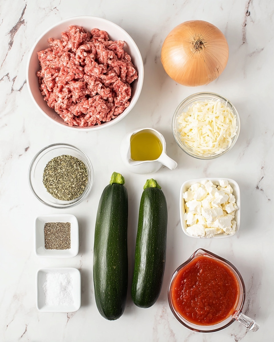 This image shows several cooking ingredients arranged on a white marbled surface. In the top left is a white bowl filled with raw ground meat, pinkish in color with a soft, textured surface. To the right, there is a whole, round, light brown onion with a dry outer skin. Below the onion, a small clear glass bowl contains shredded white cheese. Next to it is a small white pitcher holding yellow olive oil. Two dark green zucchinis with smooth skins lie side by side in the center. Above the zucchinis is a small white bowl with crumbled white cheese. In the bottom left corner, there are two small white bowls, one holding mixed dry herbs with green and brown shades, and the other with shredded white mozzarella cheese. A small white square dish holds white salt and cracked black pepper. Finally, in the bottom right corner is a clear measuring cup filled with red tomato sauce. Photo taken with an iphone --ar 4:5 --v 7