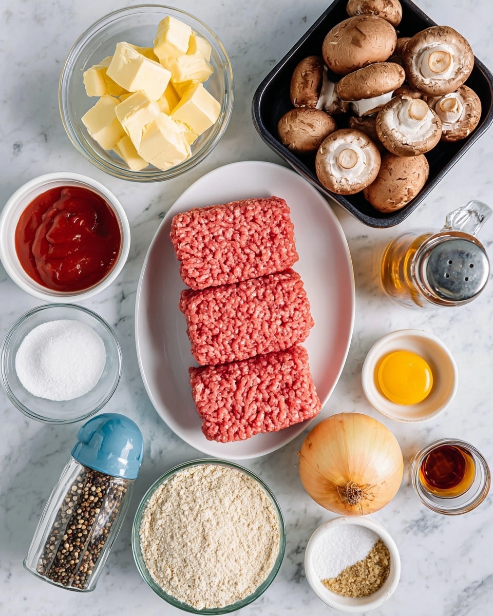 The image shows a top-down view of several ingredients neatly arranged on a white marbled surface. In the center, there is a white plate holding three blocks of raw ground meat with a bright pink color and a slightly coarse texture. To the top right, a black container holds a group of fresh brown mushrooms with smooth caps. Surrounding these main items, there are small white and clear bowls containing various ingredients: pale yellow cubed butter, thick red ketchup, coarse white salt in a blue dish, brown sugar, a smooth white egg, bright yellow mustard, dark brown soy sauce, light beige breadcrumbs, and white flour. A whole yellow onion is placed at the bottom right. A clear pepper grinder filled with mixed peppercorns stands out near the bottom left. A clear glass jar with a dark amber liquid is also visible near the top right area. photo taken with an iphone --ar 4:5 --v 7