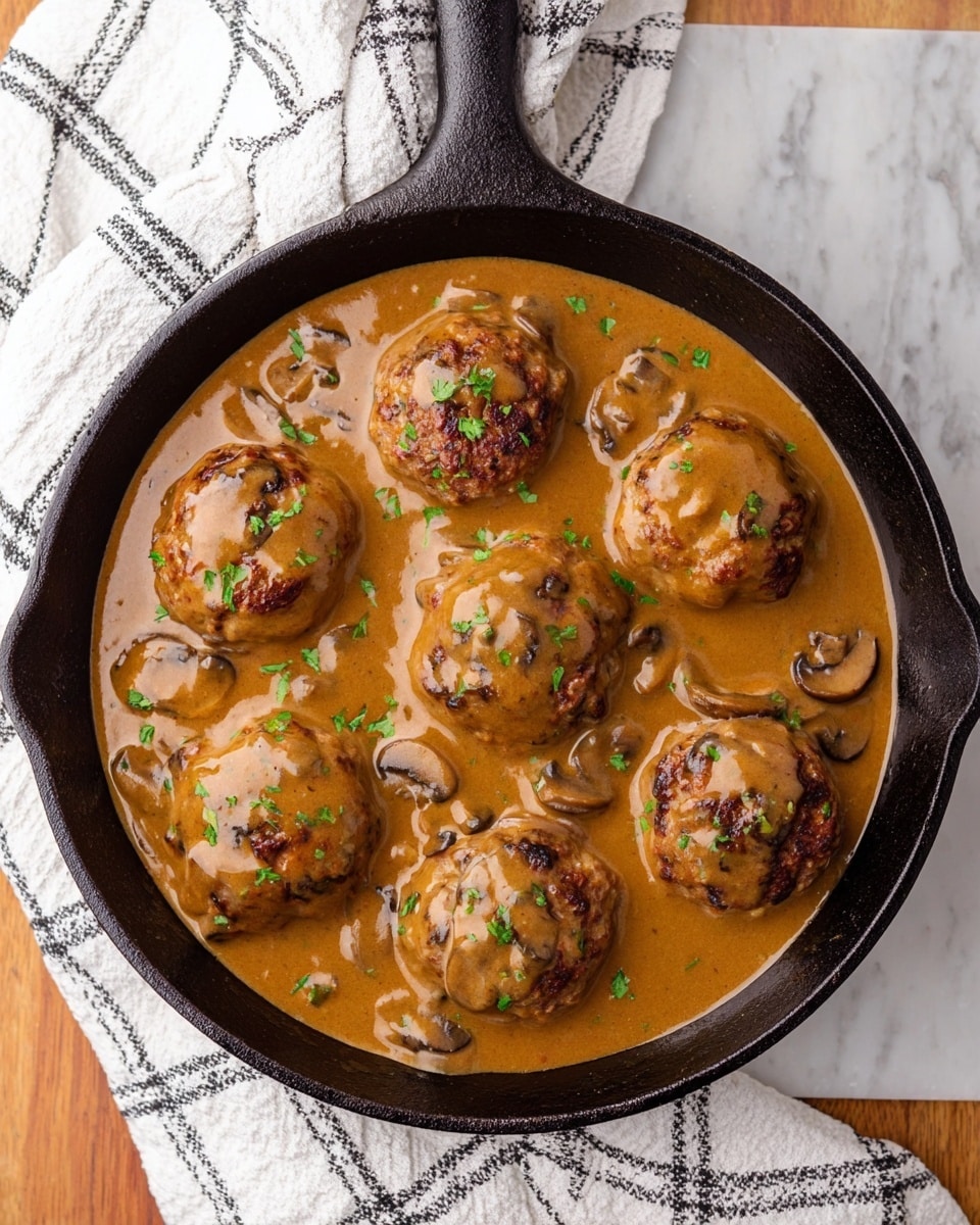A black cast iron skillet filled with seven round, golden-brown meat patties covered in thick, smooth brown mushroom gravy with visible mushroom slices, topped with small green parsley pieces scattered evenly. The skillet is placed on a white marbled surface with a white cloth having a black and gray checkered pattern on the left side. Photo taken with an iphone --ar 4:5 --v 7