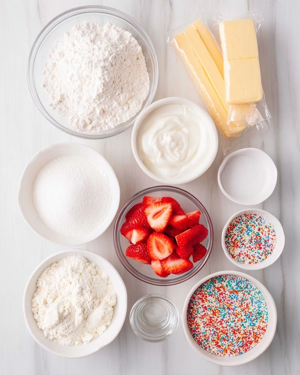 The image shows an overhead view of various baking ingredients placed in clear and white bowls on a white marbled surface. There are two sticks of butter wrapped in paper at the top right corner. Below the butter, a clear bowl holds sliced red strawberries. Close to the center is a white bowl filled with white flour. To its left, there is a larger white bowl filled with white sugar, and above it a smaller clear bowl contains white cream or yogurt. Near the bottom, a clear bowl contains white powdered sugar, while a nearby white bowl holds colorful sprinkles. There is a small white bowl with salt and another small white bowl with a clear liquid, possibly vanilla extract. A woman's hand is not visible in this shot. photo taken with an iphone --ar 4:5 --v 7