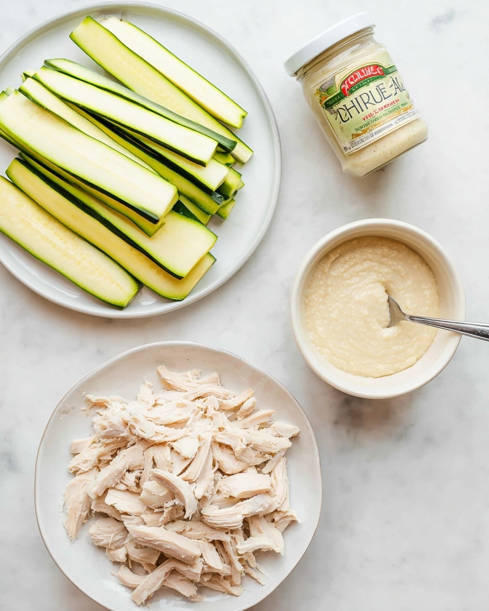 The image shows raw zucchini slices in a layered pile on a white plate, their green skin and light yellow inside visible in each thin strip. Next to it is a jar of creamy Alfredo sauce with a white lid and bright label. Below on a white plate, shredded chicken pieces are spread unevenly with a soft texture and pale color. Beside the chicken, there is a bowl of smooth, pale creamy mixture with a spoon resting inside. All items sit on a white marbled surface, bright and clean, with even lighting. Photo taken with an iphone --ar 4:5 --v 7