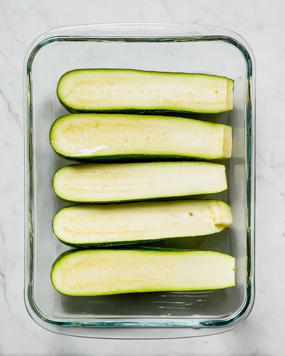 A clear rectangular glass dish sits on a white marbled surface, containing six long slices of zucchini laid flat in two rows with three slices each. The zucchini slices are pale green with dark green edges and have a smooth, moist surface with visible tiny seeds. The top row has two slices, while the bottom row has four, arranged neatly with small gaps between them. The light reflects softly off the glass dish, emphasizing the fresh texture of the zucchini. Photo taken with an iphone --ar 4:5 --v 7
