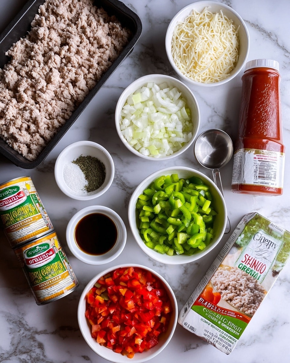 The image shows various cooking ingredients arranged on a white marbled surface. There is a black plastic tray of organic ground turkey on the top left, beside a small white bowl filled with white chopped onions. To the right, a silver measuring cup holds white rice. Below these, a white bowl contains shredded white cheese. Another small white bowl nearby has a mix of salt and herbs. At the center bottom, a white ceramic bowl is filled half with chopped green bell peppers and half with chopped red bell peppers. Two cans of diced tomatoes with green and red labels are on the left side. A tube of red tomato paste lies diagonally near a white bowl filled with dark balsamic vinegar. On the bottom right, a red carton of organic chicken broth stands upright. The image is bright and clear, with all ingredients neatly placed and well-lit. photo taken with an iphone --ar 4:5 --v 7