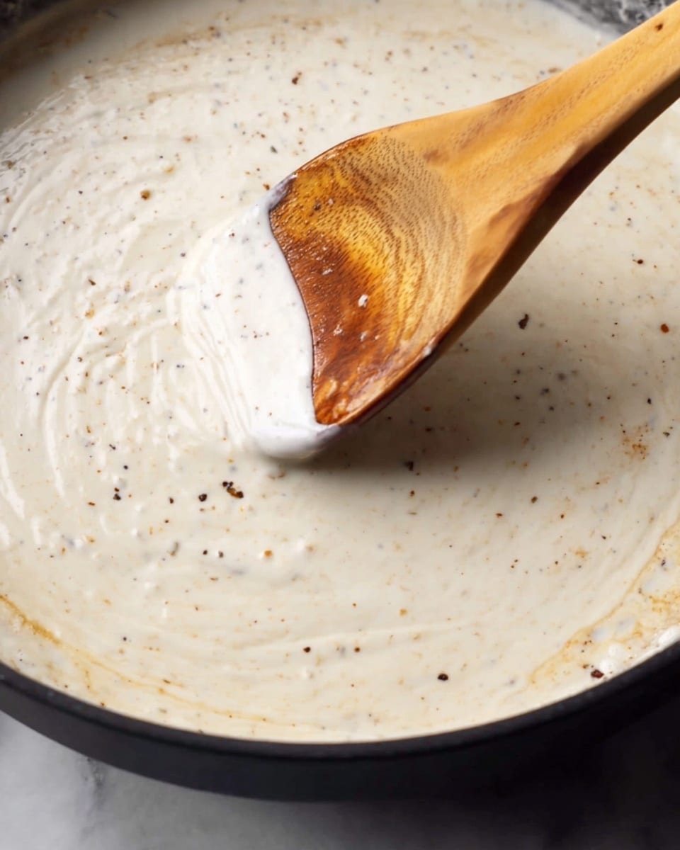 A close-up view of a cooking pan with a thick, creamy white sauce being stirred by a wooden spoon. The sauce has small brown and black specks, suggesting spices or herbs mixed in. The wooden spoon's edge is slightly soaked with the sauce, showing its smooth and rich texture. The background and surface below the pan are white marble. photo taken with an iphone --ar 4:5 --v 7