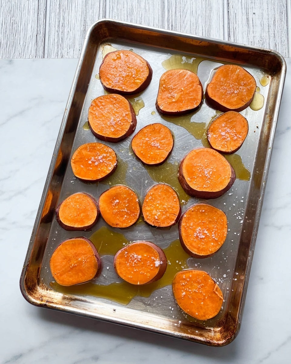 A metal baking tray holds fifteen slices of orange sweet potato, each one about half an inch thick, arranged loosely in rows with some space between them. The sweet potato slices have a smooth texture on top with darker orange edges from the skin. Olive oil is drizzled unevenly across the slices and spreads into small pools on the tray surface, adding a shiny sheen. There is a light sprinkling of coarse salt visible on both the tray and some potato slices. The tray sits on a white marbled surface with part of a white wood-patterned background visible above. photo taken with an iphone --ar 4:5 --v 7