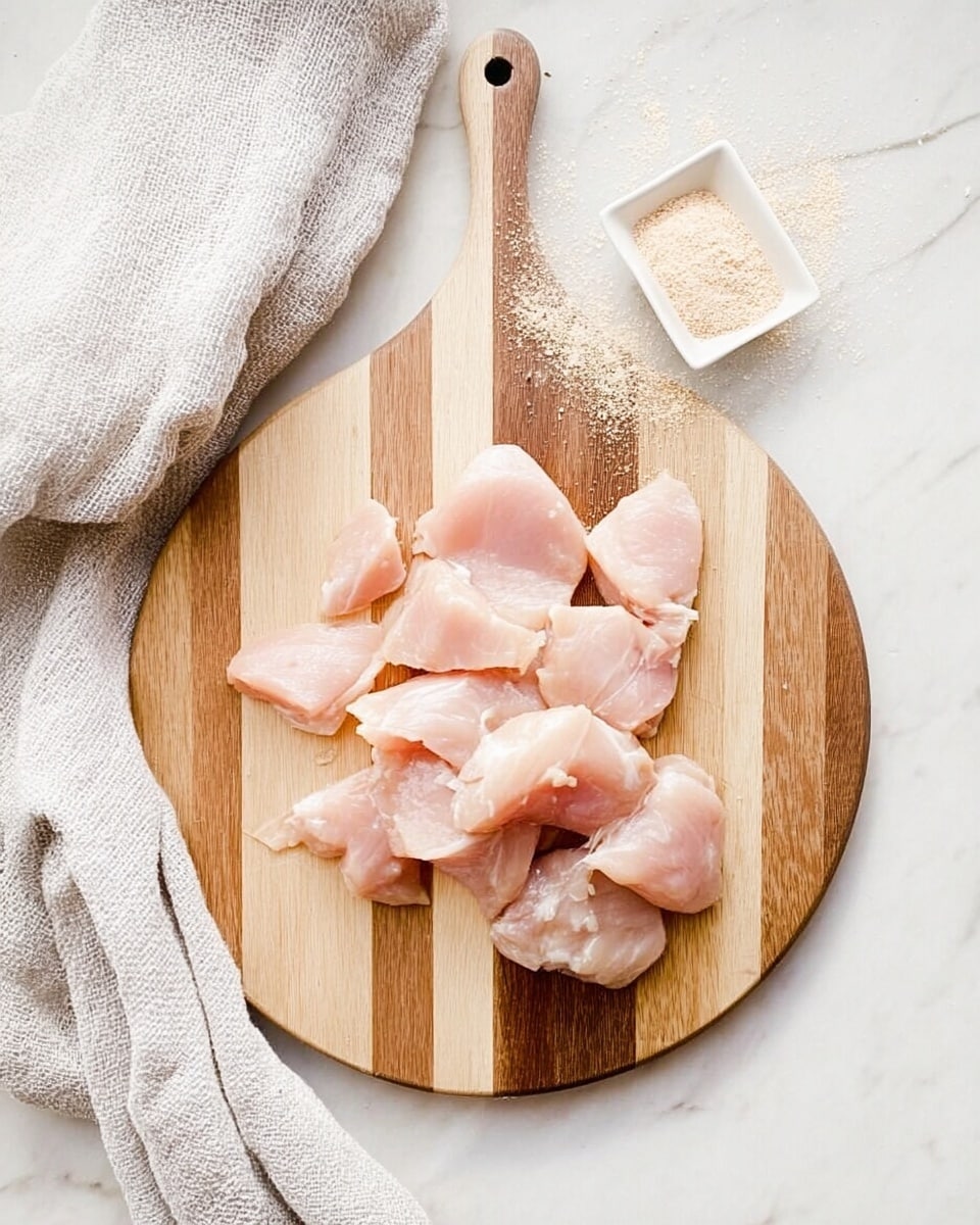 A round wooden cutting board with alternating light and dark wood stripes is placed on a white marbled surface. On the board, there are several raw light pink chicken pieces scattered loosely, varying in size and shape with a soft texture. At the top right corner, a small square white dish holds a small pile of beige powder, with some powder spilled slightly onto the white marbled surface. A light gray textured cloth is folded and placed in the top left corner of the image. photo taken with an iphone --ar 4:5 --v 7