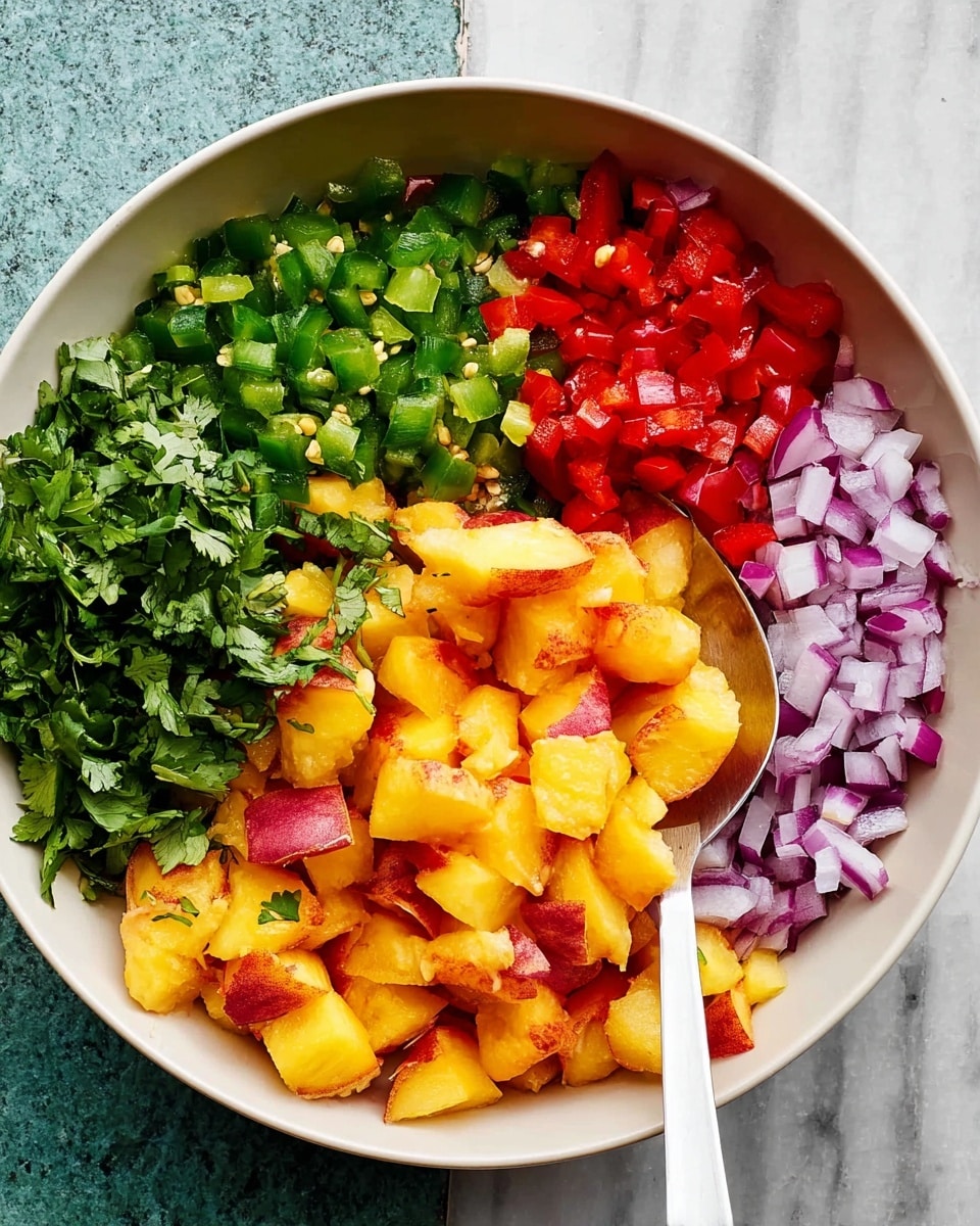A white bowl filled with five colorful layers of chopped ingredients arranged in segments: bright yellow and red peach pieces on the right side, finely chopped green jalapeños above the peach, small red bell pepper cubes below the jalapeños on the left, fresh green cilantro leaves below the red pepper, and diced purple onions next to the cilantro at the bottom right. A white spoon rests inside the bowl on the right, partially covered by peach pieces. The bowl sits on a white marbled surface. photo taken with an iphone --ar 4:5 --v 7