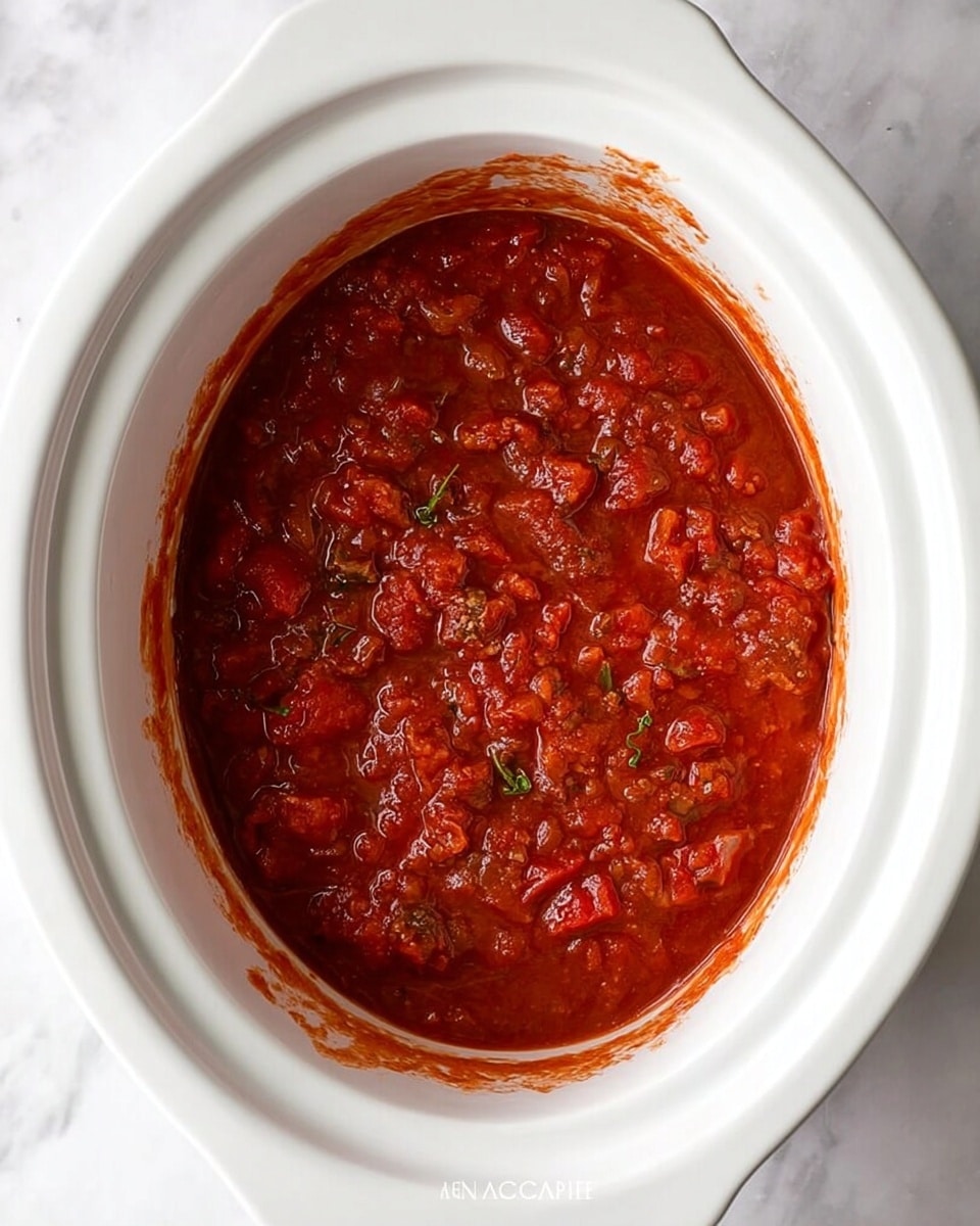The image shows a single layer of thick red tomato sauce with visible chunks of tomatoes and herbs inside a white slow cooker. The sauce has a shiny texture and is spread evenly inside the cooker, with some sauce marks on the sides. The background is a white marbled surface. photo taken with an iphone --ar 4:5 --v 7