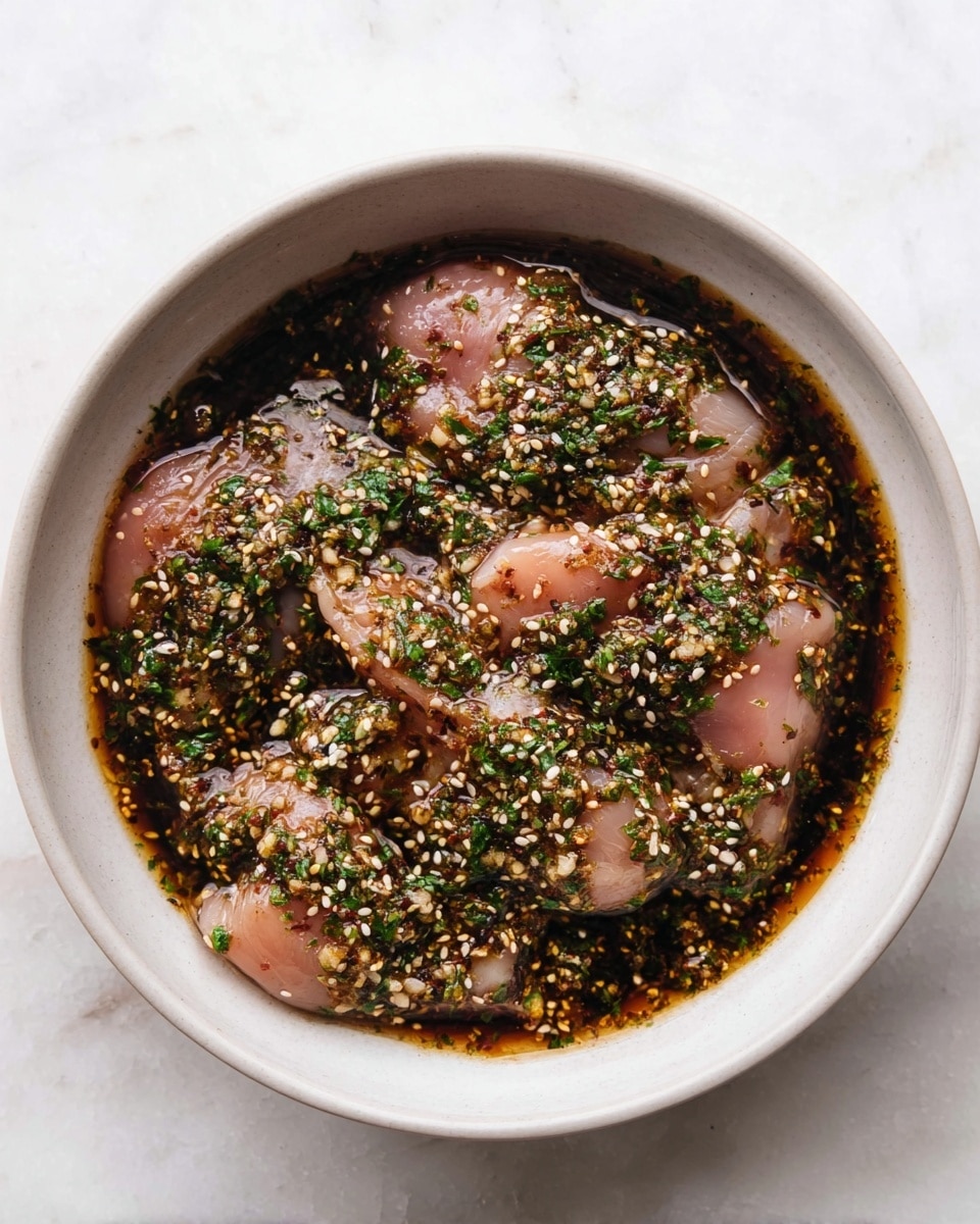 A white bowl holds several pieces of pale pink raw chicken layered at the bottom, covered with a thick dark marinade. The marinade is dense with small white sesame seeds, chopped bright green herbs, and visible bits of crushed spices, creating a textured, speckled look over the chicken. The glossy marinade glistens under light, pooling slightly around the tender meat, all set on a white marbled surface. photo taken with an iphone --ar 4:5 --v 7