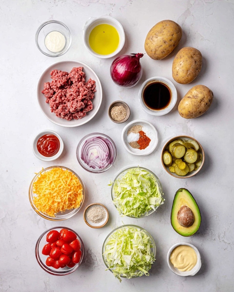 The image shows many different ingredients neatly arranged on a white marbled surface. There is one white bowl filled with raw ground meat, a small white dish with dark soy sauce, a small clear bowl with yellow oil, and another small clear bowl with a mix of spices including salt, white powder, and paprika. Four whole potatoes are placed next to the oil, while a halved red onion and a small bowl of diced onion sit near a small white bowl of reddish-brown seasoning and another small wooden bowl with salt and black pepper. A clear bowl holds bright red cherry tomatoes, a bowl filled with shredded orange cheese, and a bowl of pale green shredded lettuce. A small clear bowl with sliced pickles and a ripe whole avocado are nearby. Three small white dishes contain ketchup, creamy white mayonnaise, and yellow mustard, and a fourth white dish has a small amount of yellow oil. A small white bowl with light-colored granules finishes the spread. photo taken with an iphone --ar 4:5 --v 7