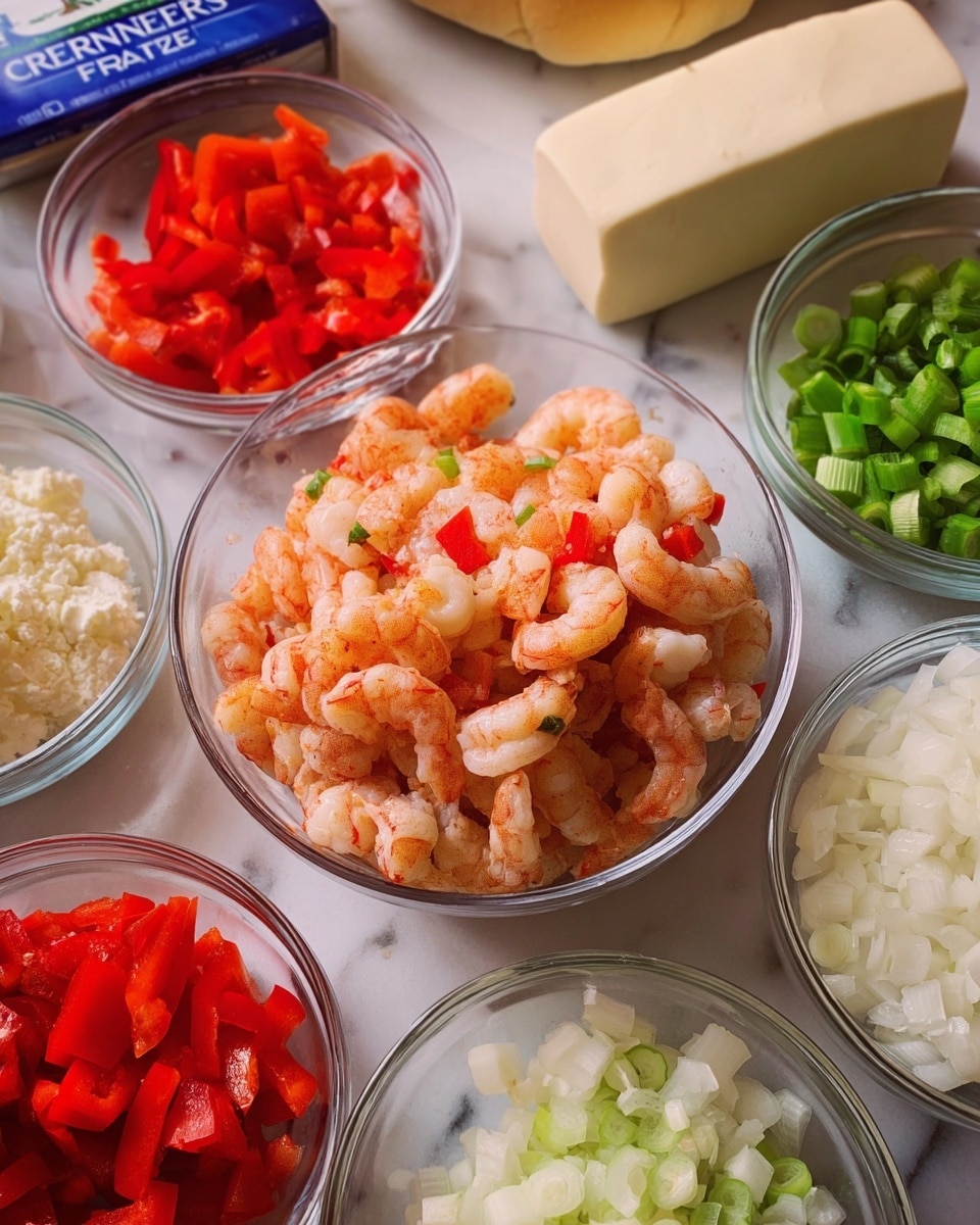 The image shows a collection of small glass bowls on a white marbled surface, each containing different ingredients. The central bowl is filled with pinkish-orange cooked shrimp pieces with red accents, surrounding it are bowls with white chopped onions, bright red diced bell peppers, chopped green onions, and minced garlic. In the background, there is a block of cream cheese and a blue box of white crescent roll dough. A woman's hand slightly covers part of the scene at the top left corner. Photo taken with an iphone --ar 4:5 --v 7