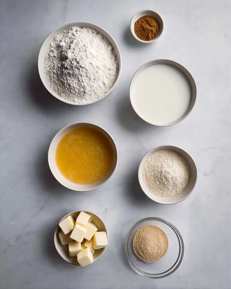The image shows seven small white bowls on a white marbled surface, each holding different baking ingredients. Starting from the top left, there is a bowl filled fully with white flour that has a soft, powdery texture. To its right, a bowl holds a smooth, white liquid, likely milk. In the center left, a smaller bowl contains a light brown, fine powder, probably cinnamon or a spice. Below it, a bowl contains a yellow, frothy beaten egg. In the middle right, a bowl holds a light tan granular substance, likely yeast. Below it, another clear bowl contains a slightly darker tan yeast or baking powder. At the bottom center, a bowl contains small cubes of pale yellow butter. All bowls are spread out evenly on the clean white marbled surface. Photo taken with an iphone --ar 4:5 --v 7