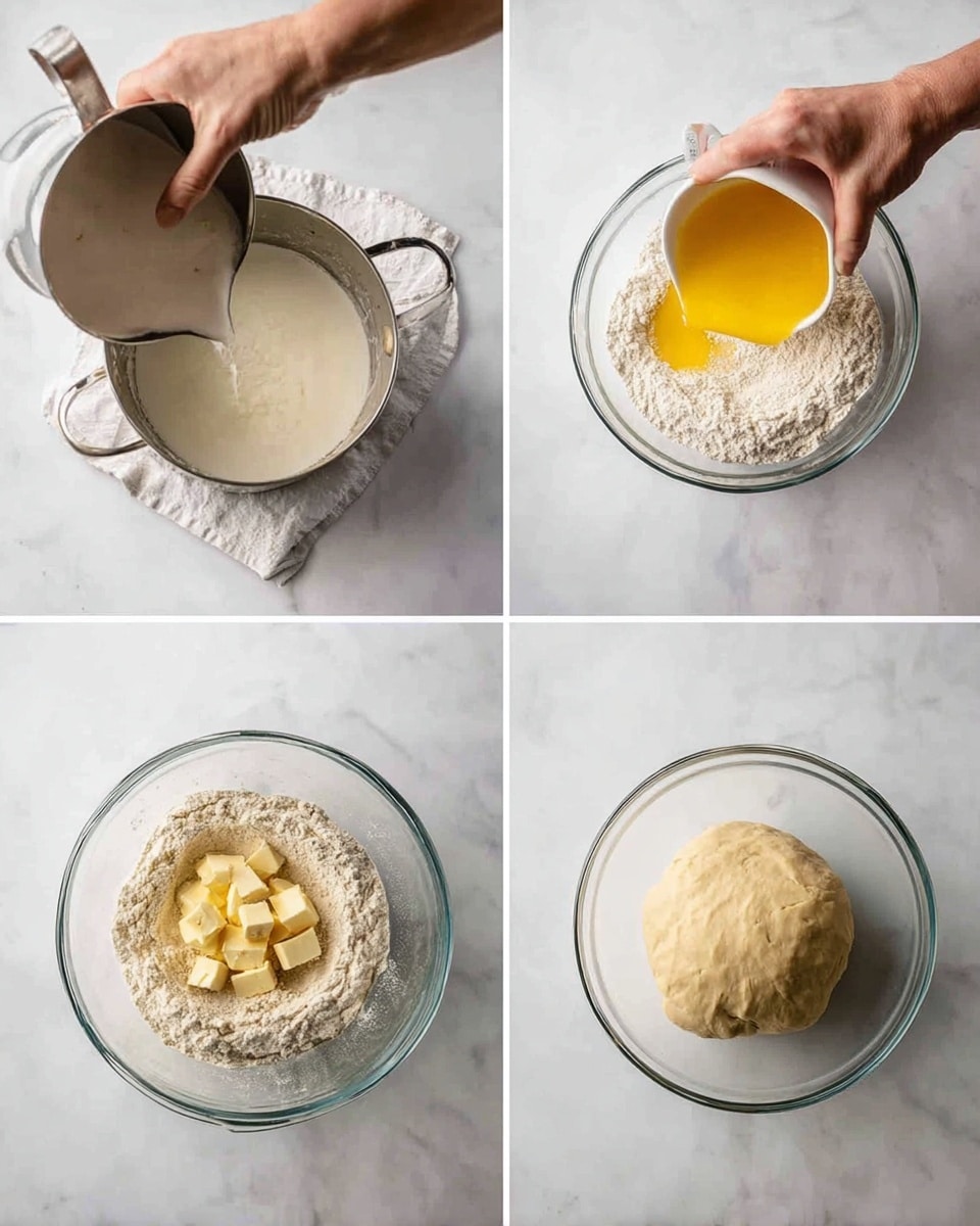The image shows four steps of making dough in a grid of four pictures on a white marbled surface. The top left shows a woman's hand pouring yeast into a silver pot that has white milk in it, with a white cloth under the pot. The top right shows a woman's hand pouring yellow beaten egg from a small white bowl into a large clear glass bowl filled with white flour. The bottom left shows a clear glass bowl with rough beige dough and small cubes of light yellow butter on top. The bottom right shows the same clear glass bowl with a smooth, round ball of pale dough inside. photo taken with an iphone --ar 4:5 --v 7
