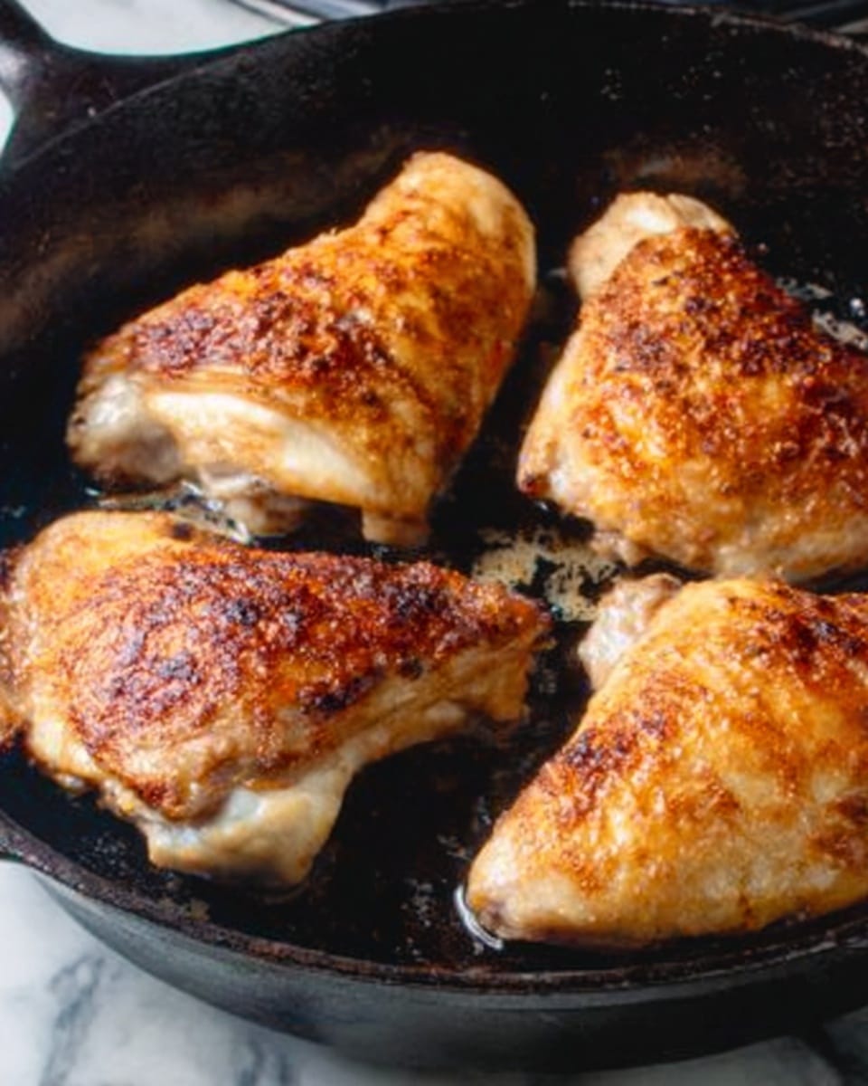 The image shows four pieces of cooked chicken with golden-brown skin in a black cast iron pan. The chicken pieces are arranged closely together, with a crispy texture on the surface, showing slight charring and a light shine from cooking oil. The cast iron pan has a rough black texture, sitting on a stove. The background is a white marbled surface. Photo taken with an iphone --ar 4:5 --v 7