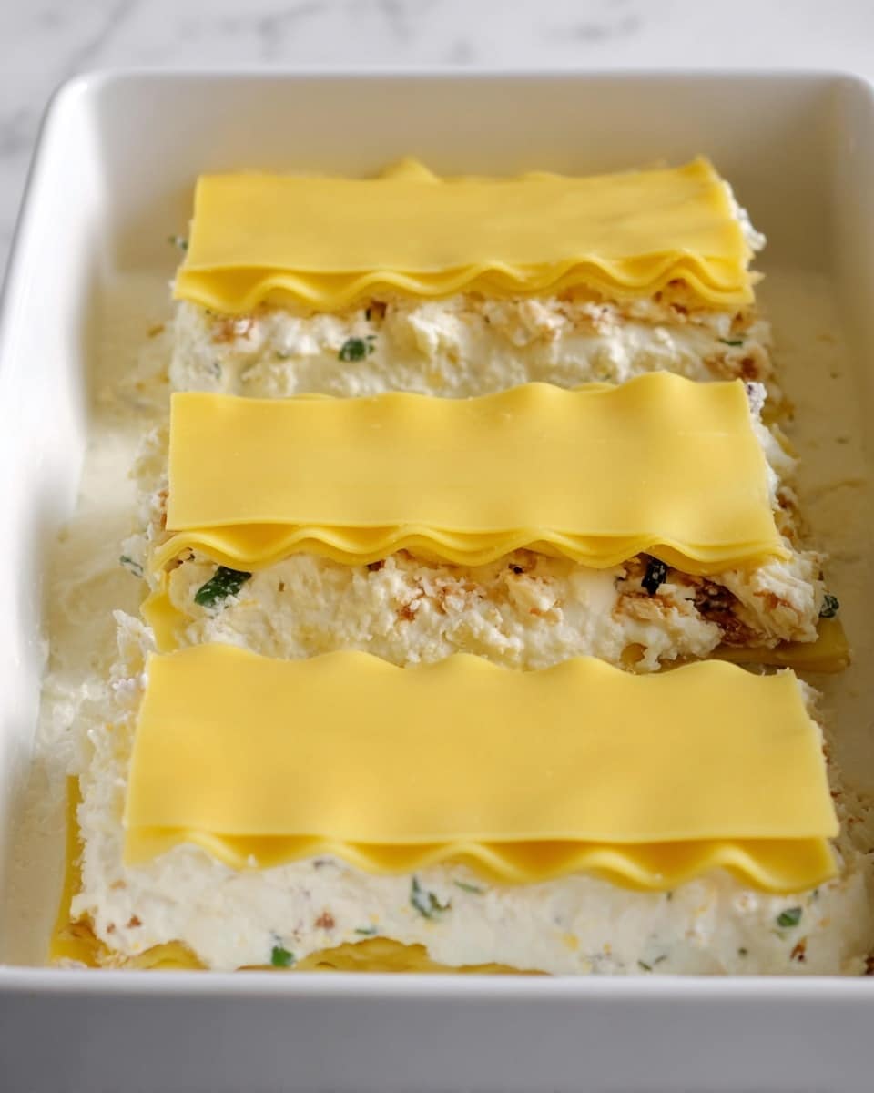 The image shows three pieces of layered lasagna in a white baking dish set on a white marbled surface. Each piece has three visible layers of smooth, yellow lasagna sheets. Between each pasta layer, there is a white, soft-looking layer of cottage cheese mixed with shredded cheese and small bits of light brown and green ingredients that may be vegetables or herbs. The top layer of each piece is a full sheet of yellow pasta covering the cheese mixture below. The scene is brightly lit, showing the textures clearly. Photo taken with an iphone --ar 4:5 --v 7