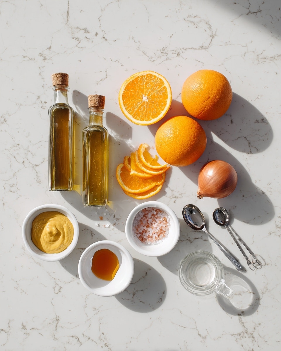 The image shows a white marbled surface with various fresh ingredients neatly arranged. At the top center, there are two orange halves with bright, juicy interiors, and two whole oranges placed just below them. To the left, there are two glass bottles with cork tops, one filled with golden cooking oil and the other with a clear vinegar. Below the oranges, there are three thin orange slices placed side by side. To the right of the oranges, a small white bowl contains smooth yellow mustard, and next to it is a whole brown onion. Further right, another white bowl holds coarse pink salt crystals. Below these, there is a small white bowl with amber honey, and next to it is a small clear glass cup with transparent liquid. Two metal measuring spoons rest nearby. The whole setup is lit by natural light with soft shadows across the surface. photo taken with an iphone --ar 4:5 --v 7