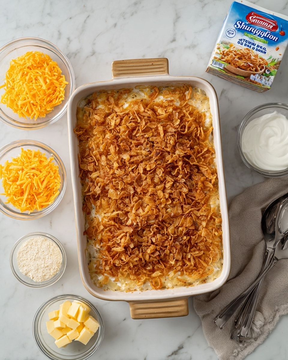The dish is a baked casserole in a white ceramic dish with tan handles, placed on a white marbled surface. The casserole has one visible layer with a creamy, light beige base topped with a thick, uneven golden brown crust made of crispy fried onion bits and melted cheddar cheese showing through slightly. Surrounding the dish are small glass bowls containing shredded bright orange cheddar cheese, pale yellow butter, white breadcrumbs, and thick white sour cream. There are also metal measuring spoons and a carton of Swanson chicken broth nearby. Photo taken with an iphone --ar 4:5 --v 7