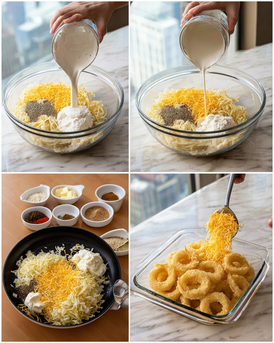 A clear glass bowl sits on a white marbled surface filled with several layers of ingredients. The bottom layer is pale shredded potatoes, topped with small piles of finely chopped white onions, finely ground black pepper, and a large mound of shredded yellow cheddar cheese. Dollops of white creamy sour cream and small cubes of pale yellow butter are placed on top. In the second image, the same bowl shows flour and a white liquid, likely milk, being poured in by a woman's hand, while the cheese, shredded potatoes, chopped onions, and spices remain visible underneath. Around the bowl on the marbled surface, five small white bowls hold various spices and ingredients. In a separate black frying pan on a stovetop with a white marbled countertop, golden brown thick potato rings are frying in hot oil, being lifted by a metal slotted spoon held by a woman's hand. Finally, a mixture in the glass bowl is being stirred and poured by a spatula into a clear square glass baking dish on the wooden counter, showing a thick, rough pale batter with visible bits of potato. The kitchen in the background has a clean, modern look with light colors. Photo taken with an iphone --ar 4:5 --v 7