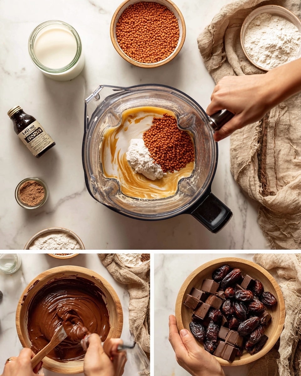 The first image shows a close top view of a woman's hand pouring small orange granules into a blender container that already holds a white liquid and a swirl of golden yellow liquid at the bottom. Around the blender, there is a glass of milk on the left, a small jar of dark brown liquid, and a bottle of vanilla extract, all on a white marbled surface, with a small jar of thick white cream on the right. The second image features a woman stirring a thick dark brown chocolate batter with a brown spatula inside a wooden bowl, surrounded by small containers of white flour, cocoa powder, and baking soda on the white marbled surface, with a burlap cloth near the top right. The third image shows a woman's hands adding dark date fruits into a glass bowl filled with melted dark chocolate chunks, next to a small bowl of peanut butter and scattered ingredients like cocoa powder and more dates in a cloth sack on the white marbled surface. photo taken with an iphone --ar 4:5 --v 7
