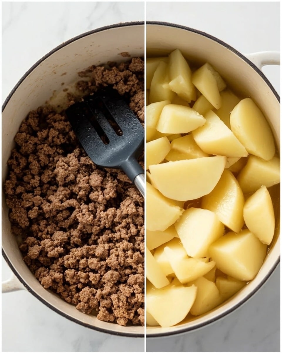 The image is split into two parts. On the left side, there is a white pot filled with cooked ground meat, which is brown and crumbly, with a black slotted spatula stirring it. On the right side, there is a white pot filled with peeled, chunked potatoes submerged in water, showing a pale yellow to white color and smooth texture. The background is a white marbled surface. photo taken with an iphone --ar 4:5 --v 7