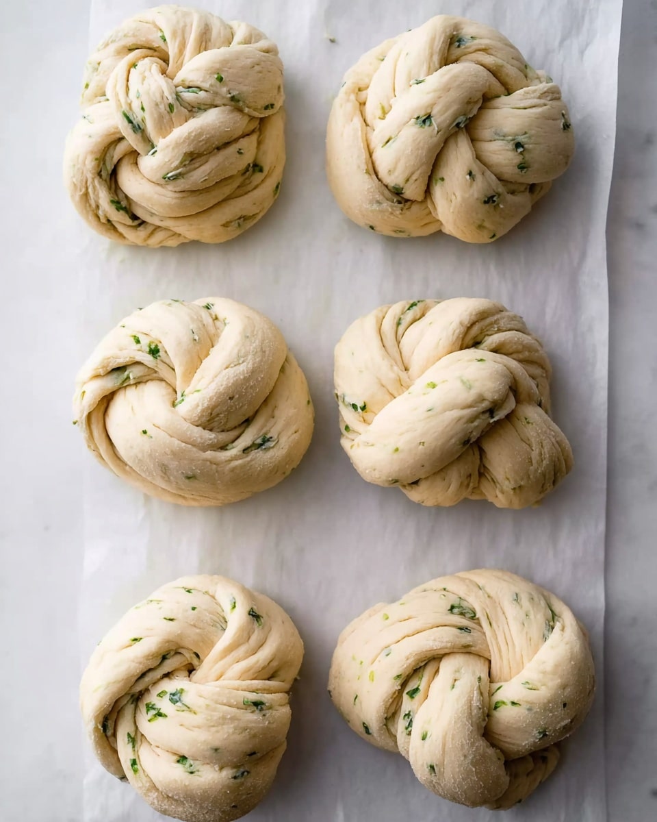 Six pieces of twisted dough sit on a white marbled surface lined with white parchment paper. Each piece is shaped like a round knot with visible layers, showing folds twisting inward. The dough has a pale beige color with small green herb bits scattered inside, giving a speckled texture. The twists are thick and soft, with smooth surfaces and gentle creases showing the folds. The arrangement is loose, with pieces spaced evenly in two columns of three. photo taken with an iphone --ar 4:5 --v 7