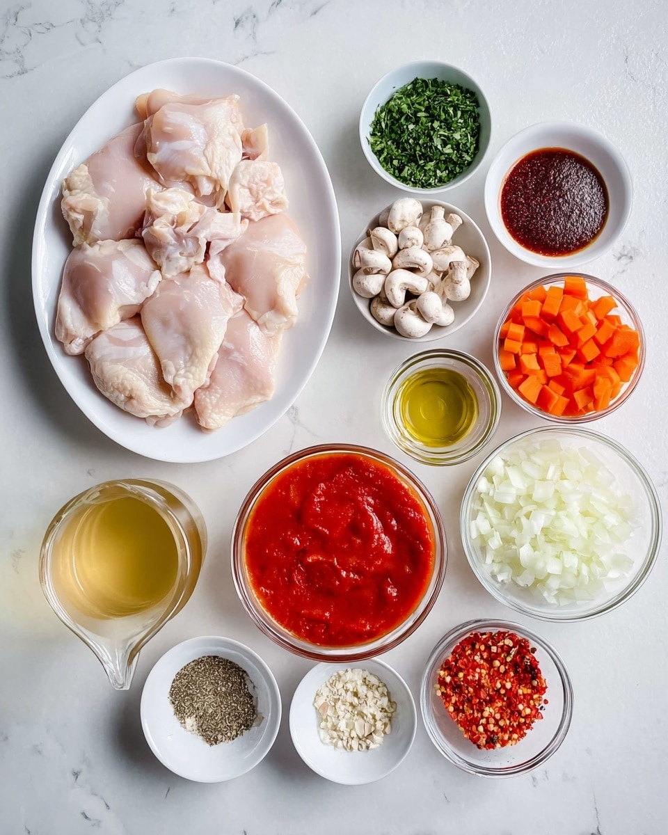A white oval plate on the left holds seven raw chicken pieces, pale pink and smooth in texture, arranged so they cover the plate evenly. Above it are small white bowls with finely chopped green herbs, salt, dried herbs, a dark red paste, a white bowl filled with diced orange carrots, and another with golden oil. Below those are a larger white bowl with quartered whole mushrooms, a medium clear bowl filled with chopped white onions, and a large clear bowl with thick red tomato paste placed centrally. Near the bottom are small white bowls with minced garlic, mixed pepper, black pepper, and crushed red chili flakes. A clear glass jug of light golden broth sits to the lower left. All items are arranged neatly on a white marbled surface in a flat lay style. Photo taken with an iphone --ar 4:5 --v 7